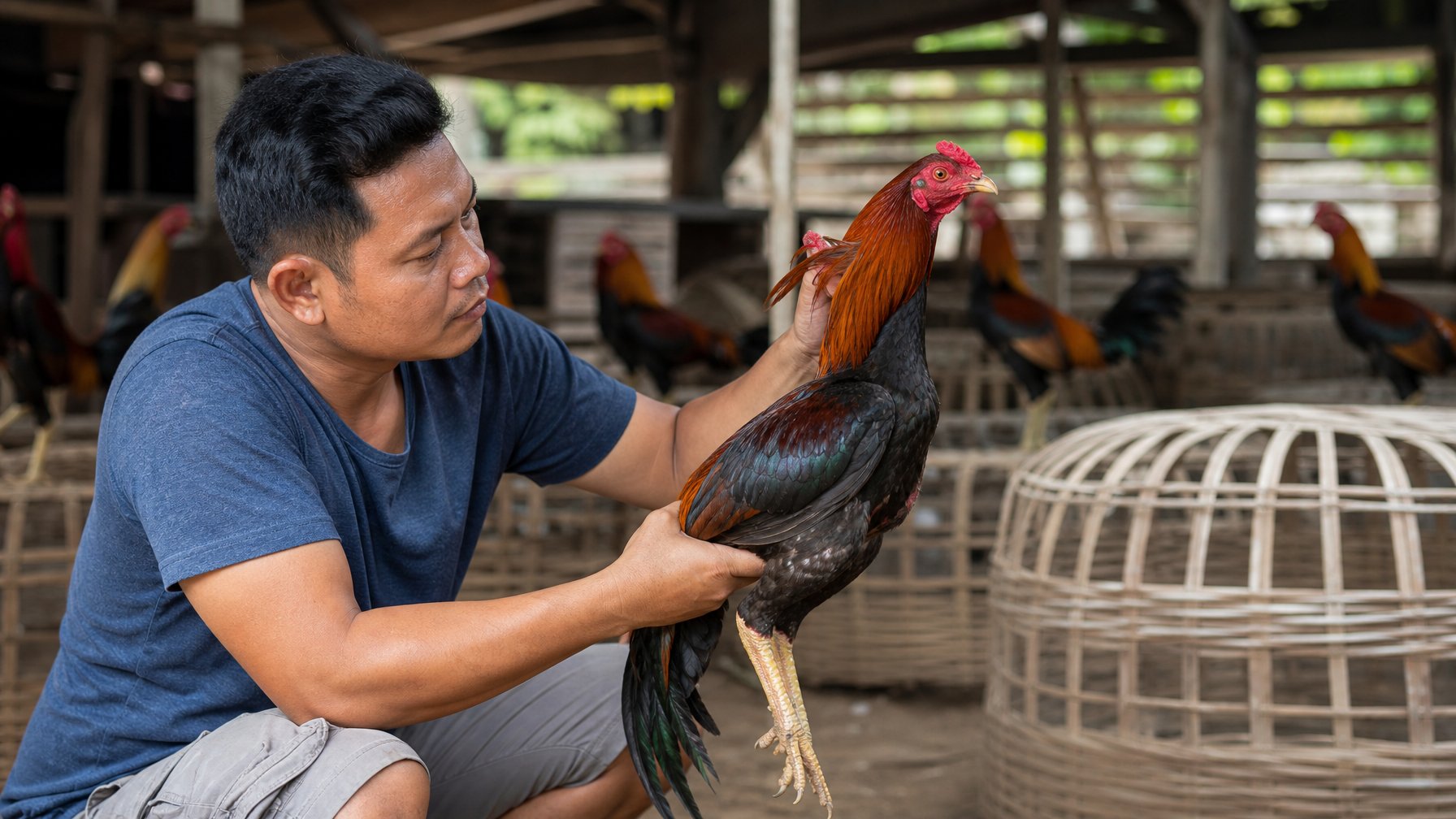 Seorang pria memeriksa ayam aduan dengan latar belakang kandang ayam tradisional.