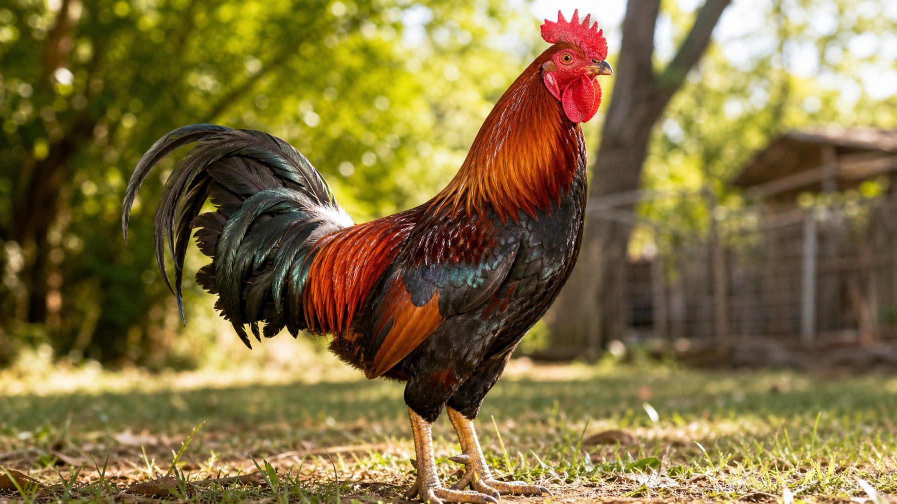 Seekor ayam aduan unggul berdiri di luar ruangan dengan bulu berwarna cerah dan tampak kuat serta waspada.
