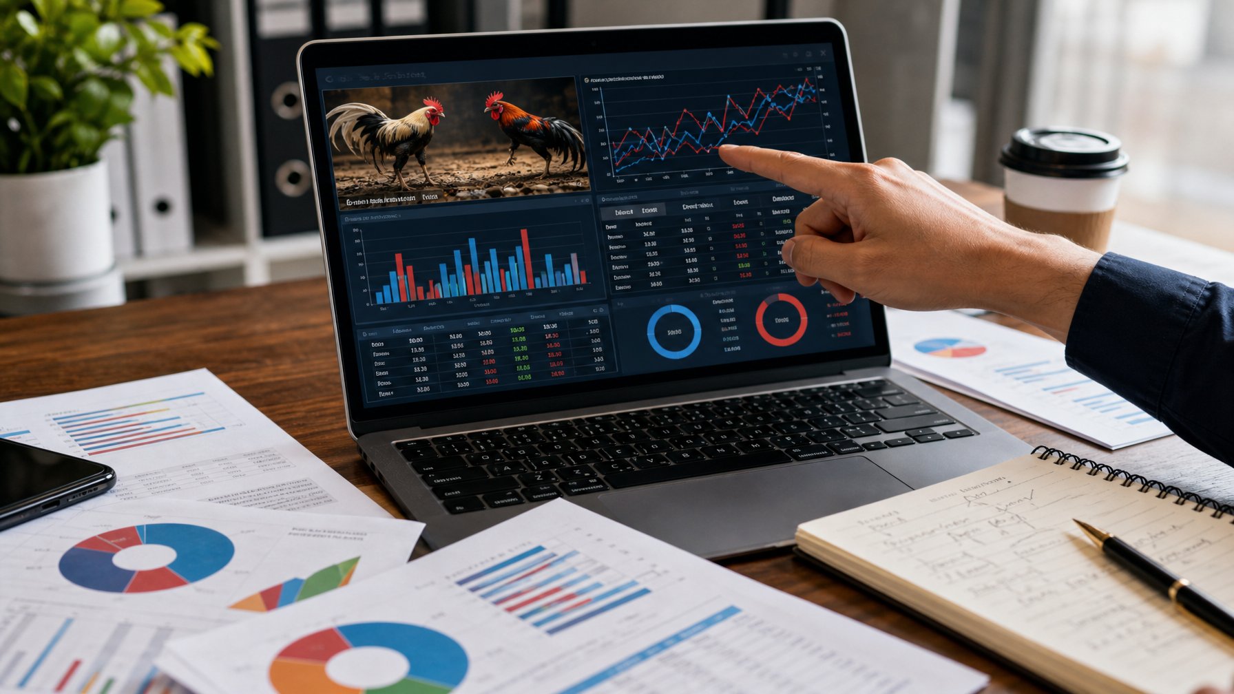Seseorang sedang menganalisis data statistik pertandingan sabung ayam di depan laptop dengan grafik dan laporan di meja kerja.