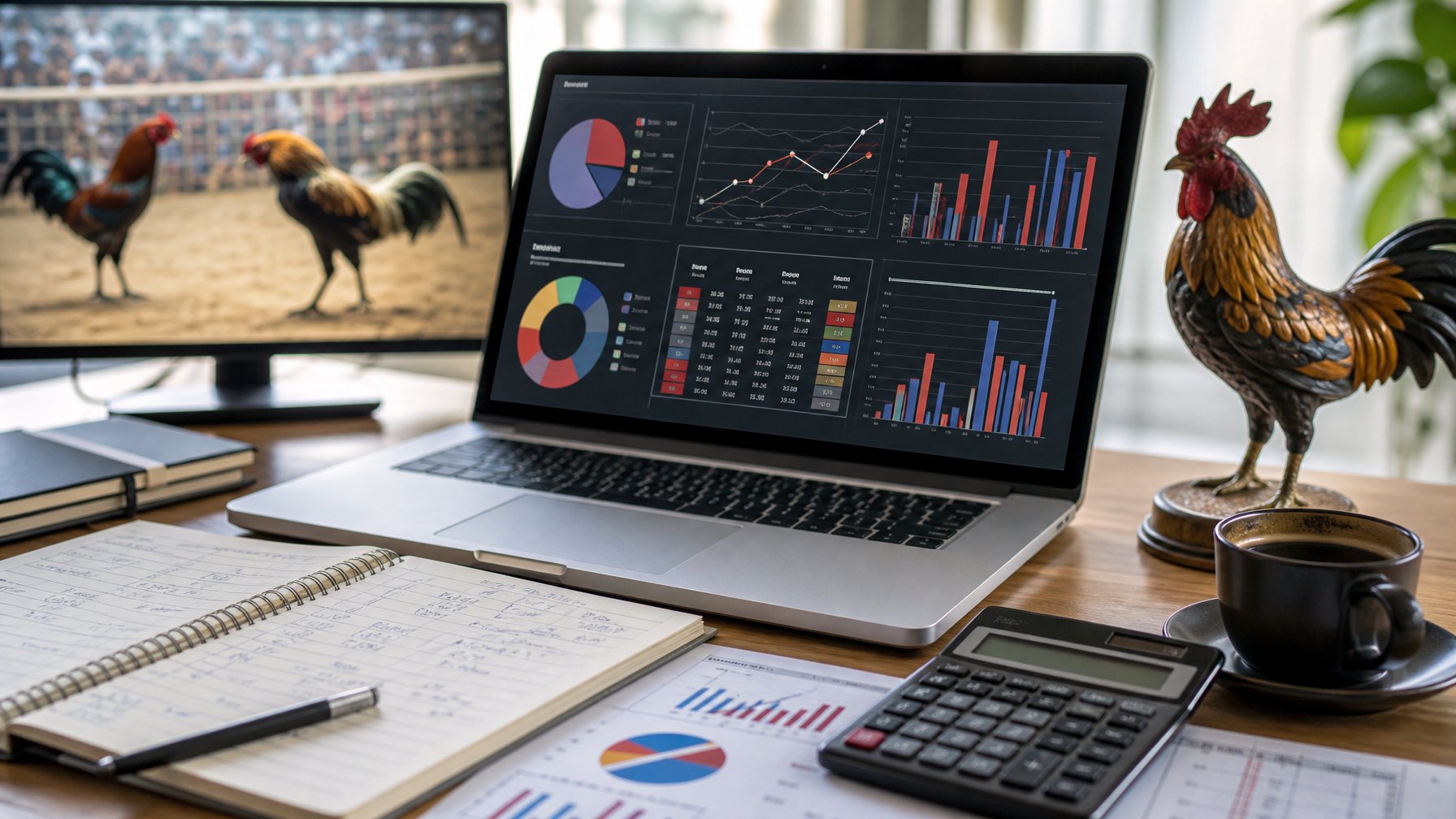 Seorang analis sedang bekerja dengan laptop yang menampilkan grafik statistik pertandingan sabung ayam, di meja terdapat catatan, kalkulator, dan cangkir kopi, dengan latar belakang figur ayam jago dan gambar arena sabung ayam.