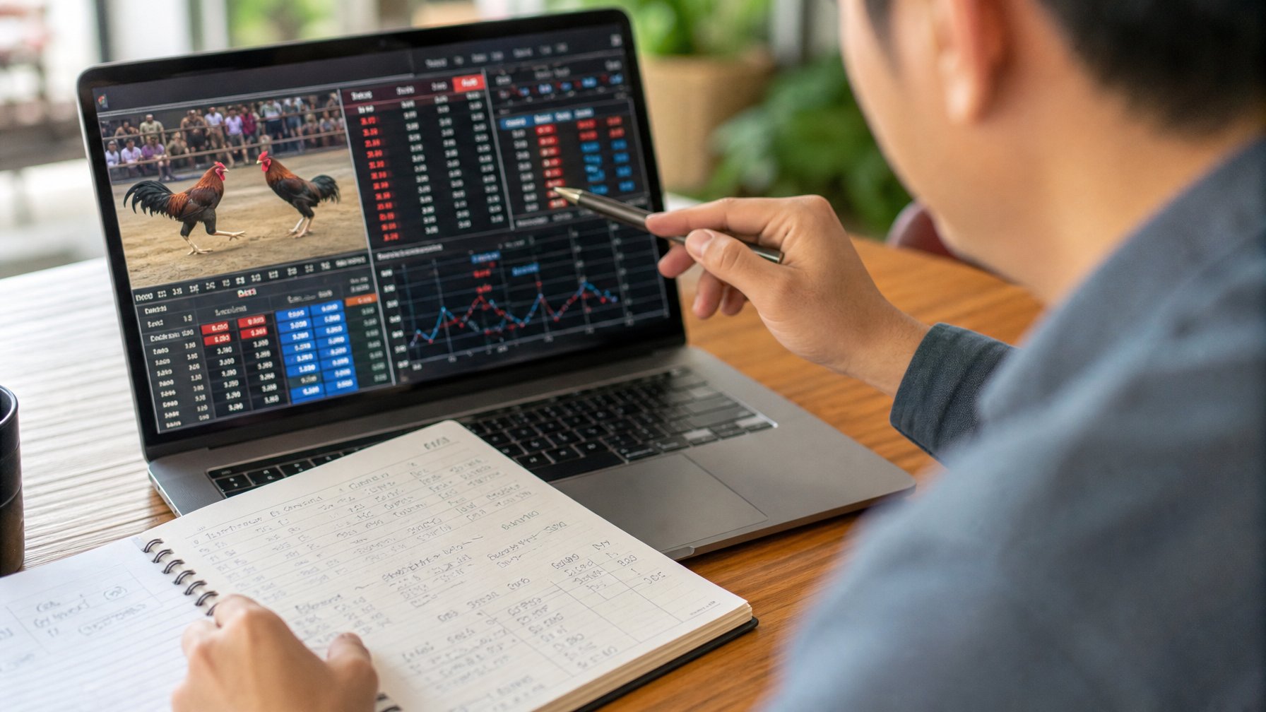 Seorang pria sedang menganalisis data odds pada laptop dengan catatan dan pena di meja kerja.