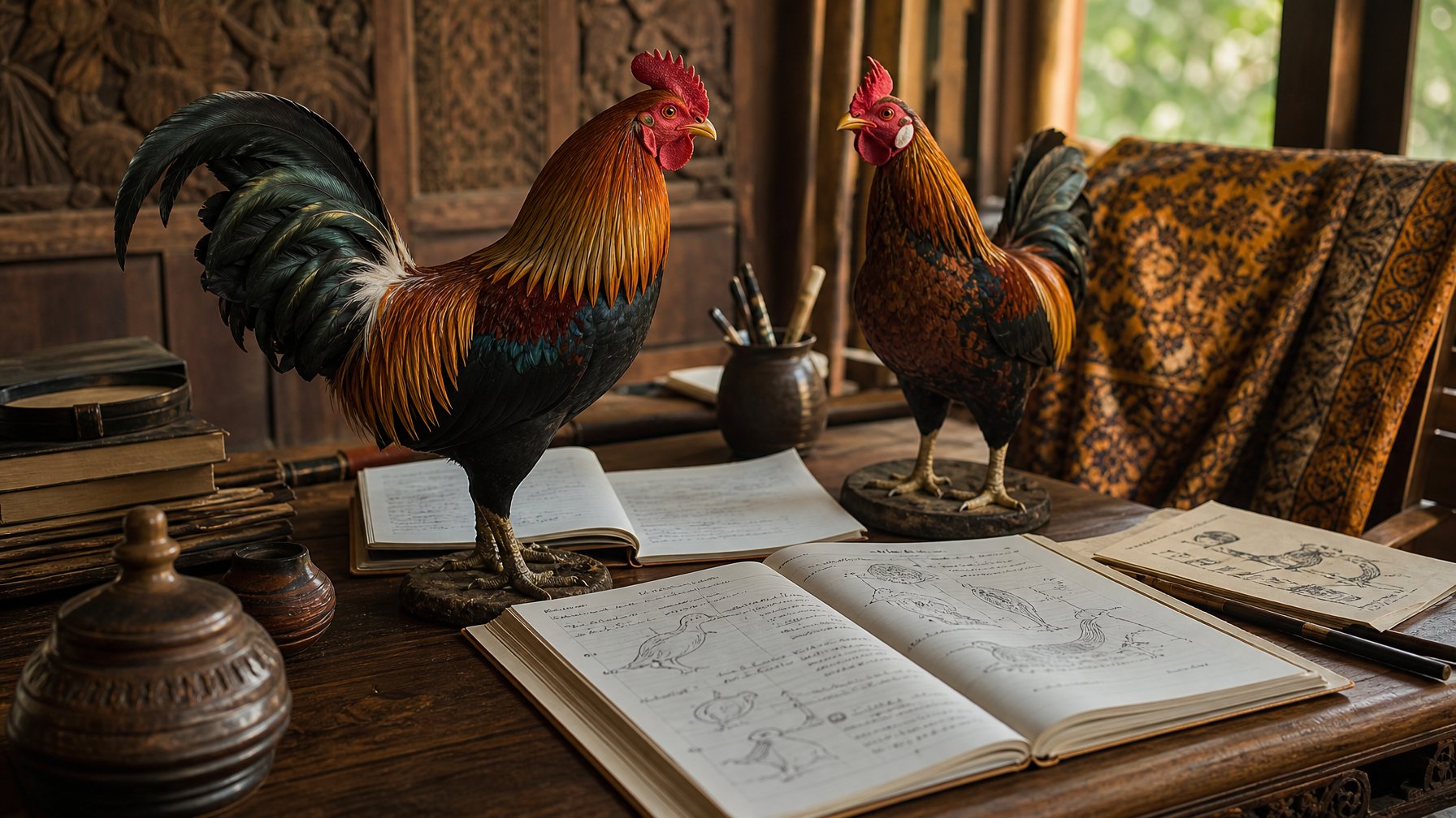 Meja kayu dengan model ayam jago sabung ayam, buku catatan terbuka, dan kain batik di latar belakang.