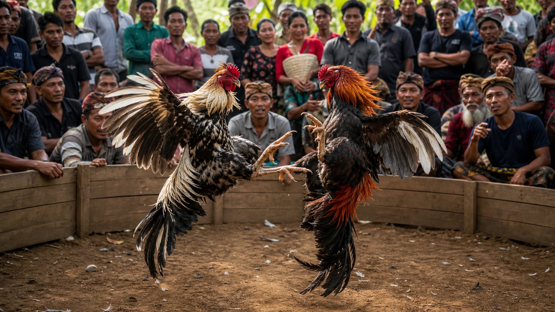 Dua ayam jago sedang bertarung di arena tradisional dengan penonton yang memperhatikan di sekelilingnya.