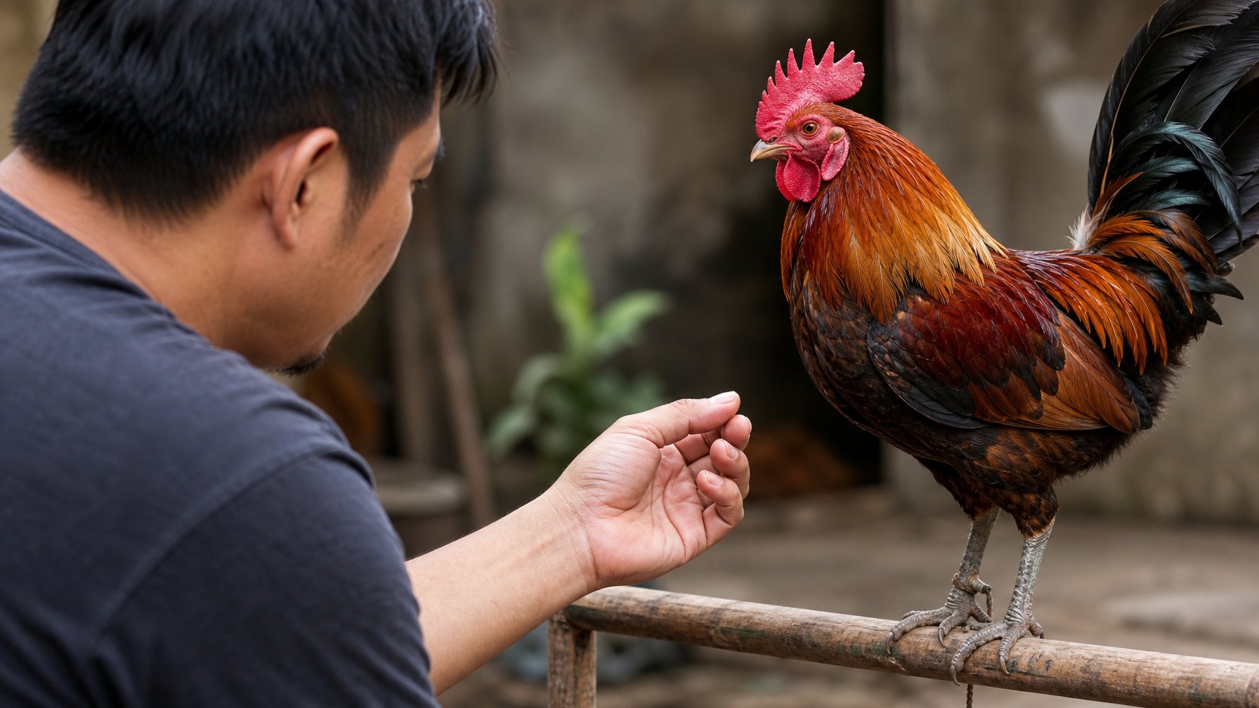 Seseorang mengamati gerak-gerik seekor ayam jago yang berdiri di atas tempat bertengger di lingkungan luar ruangan.