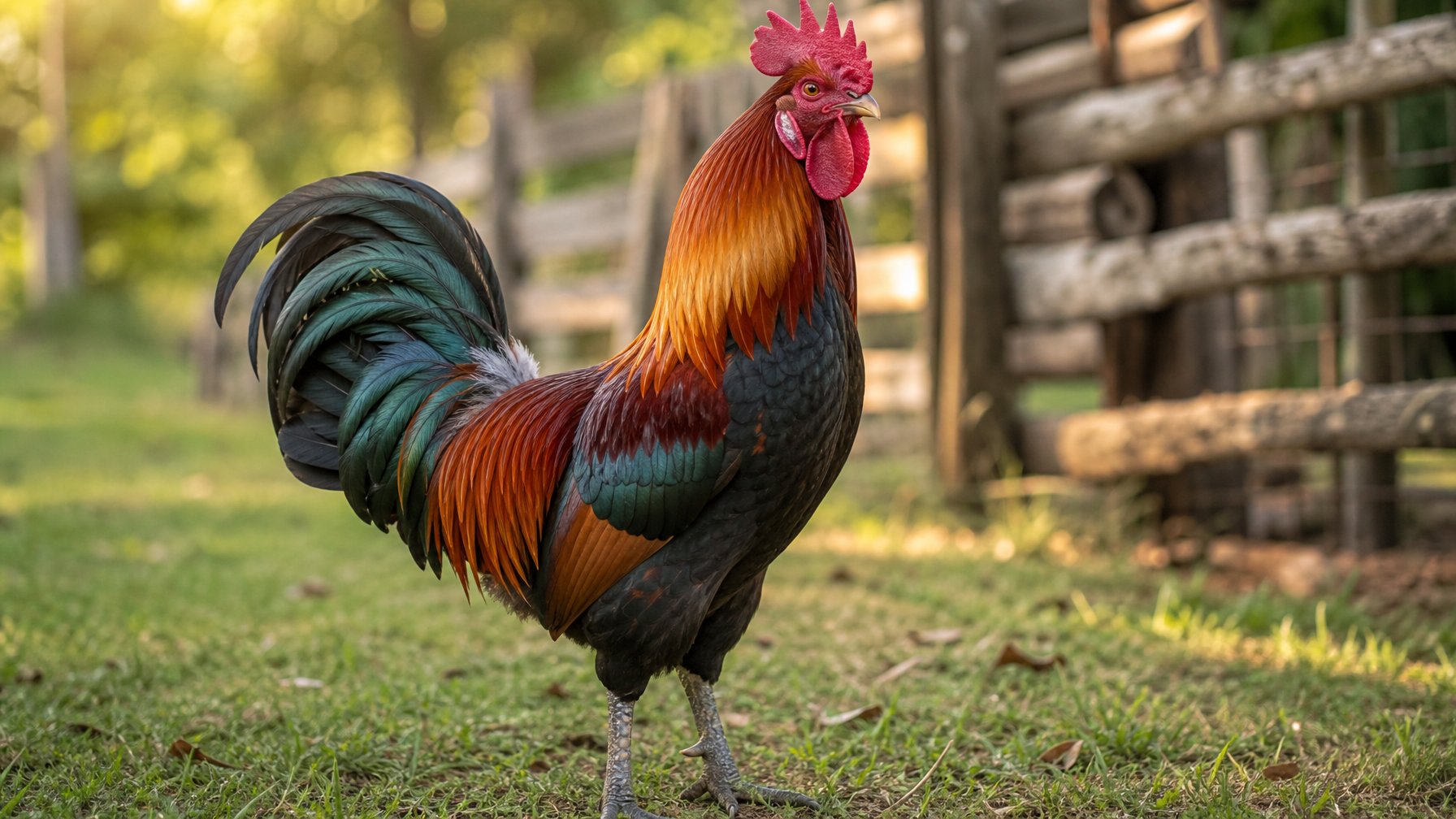 Seekor ayam jago berdiri waspada di halaman peternakan dengan latar belakang pagar kayu dan rumput hijau.