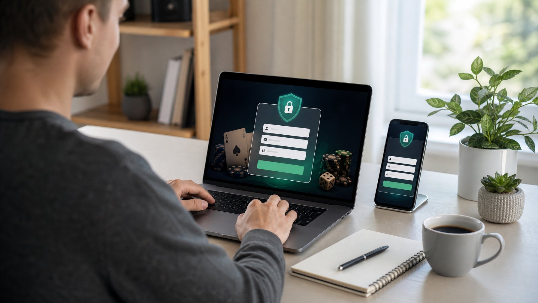 Seseorang menggunakan laptop dan ponsel di meja kerja yang rapi dengan cahaya alami, menunjukkan proses pendaftaran kasino online yang aman dan mudah.