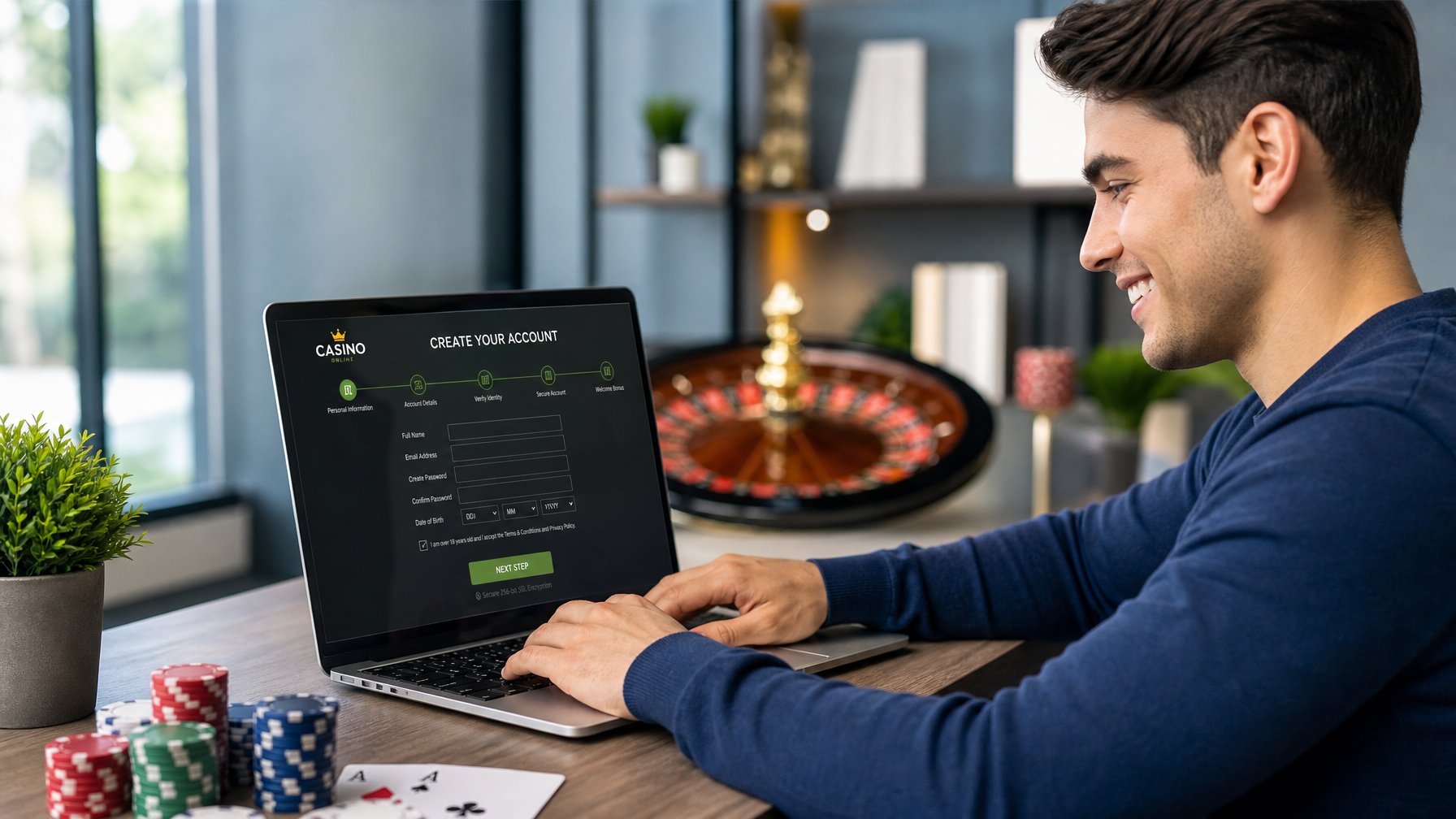 Seorang dewasa muda duduk di meja dengan laptop, mengisi formulir pendaftaran kasino online resmi dengan latar belakang elemen kasino seperti chip dan kartu remi.