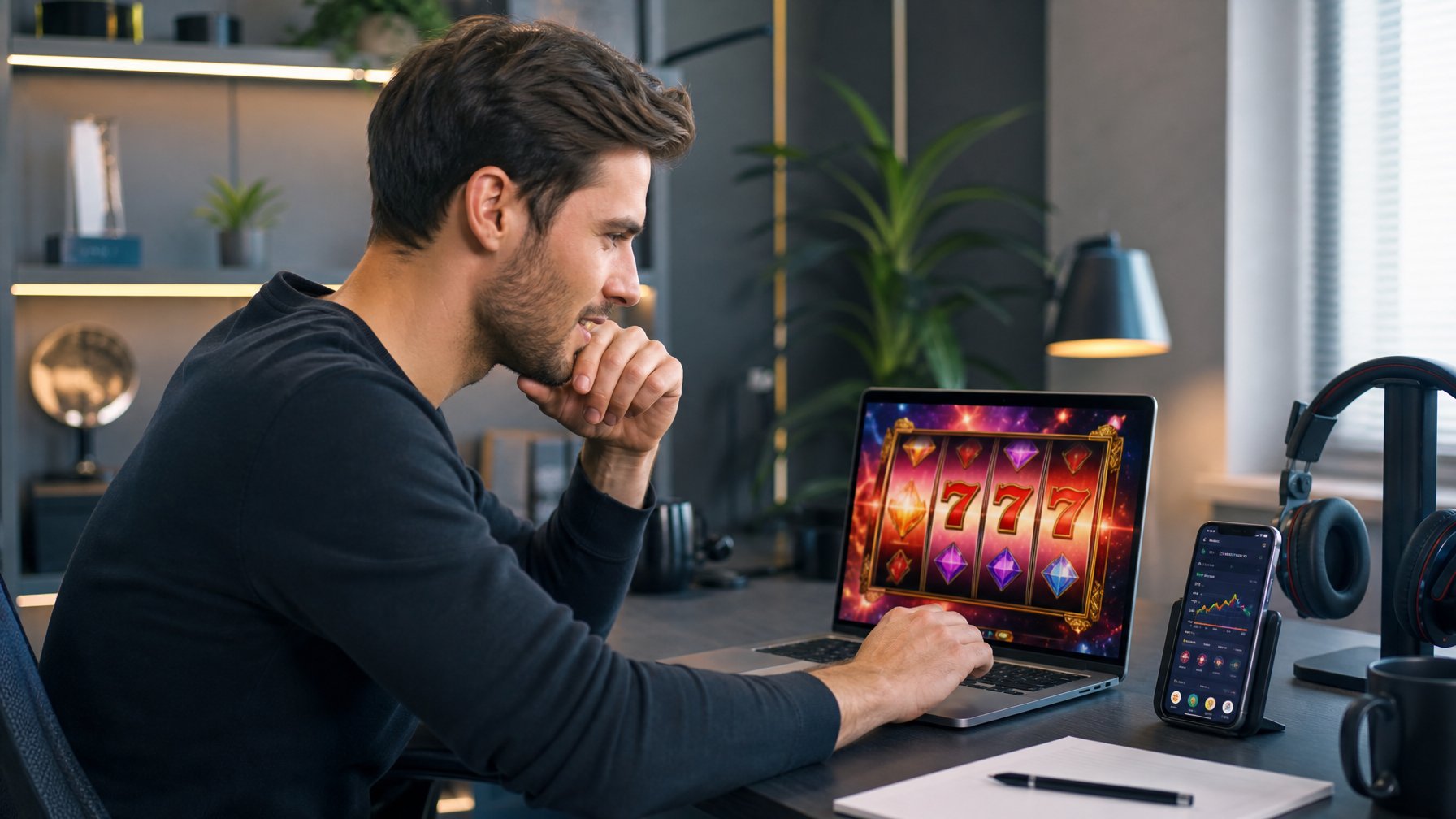 Seorang pria muda duduk di depan laptop dengan tampilan permainan slot online di layar, terlihat fokus dan bersemangat di ruang kerja modern.