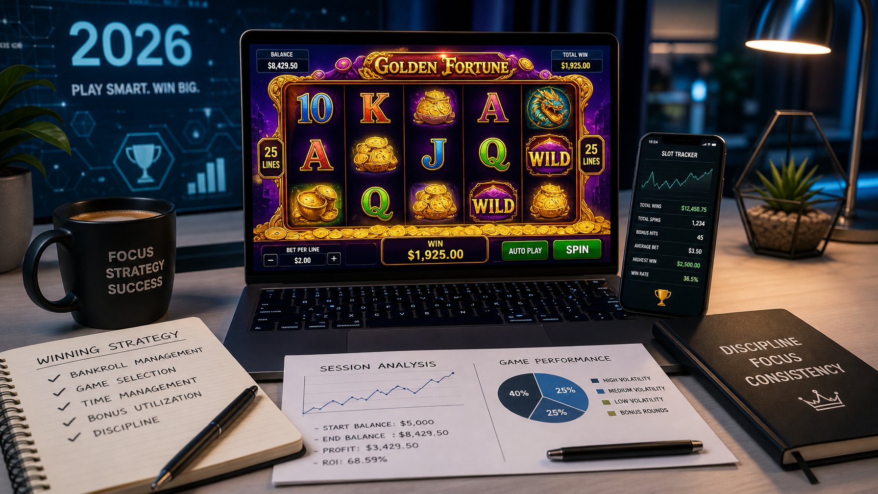 Seorang pemain duduk di depan komputer dengan tampilan permainan slot online yang berwarna-warni, dikelilingi catatan dan ponsel yang menampilkan statistik permainan.
