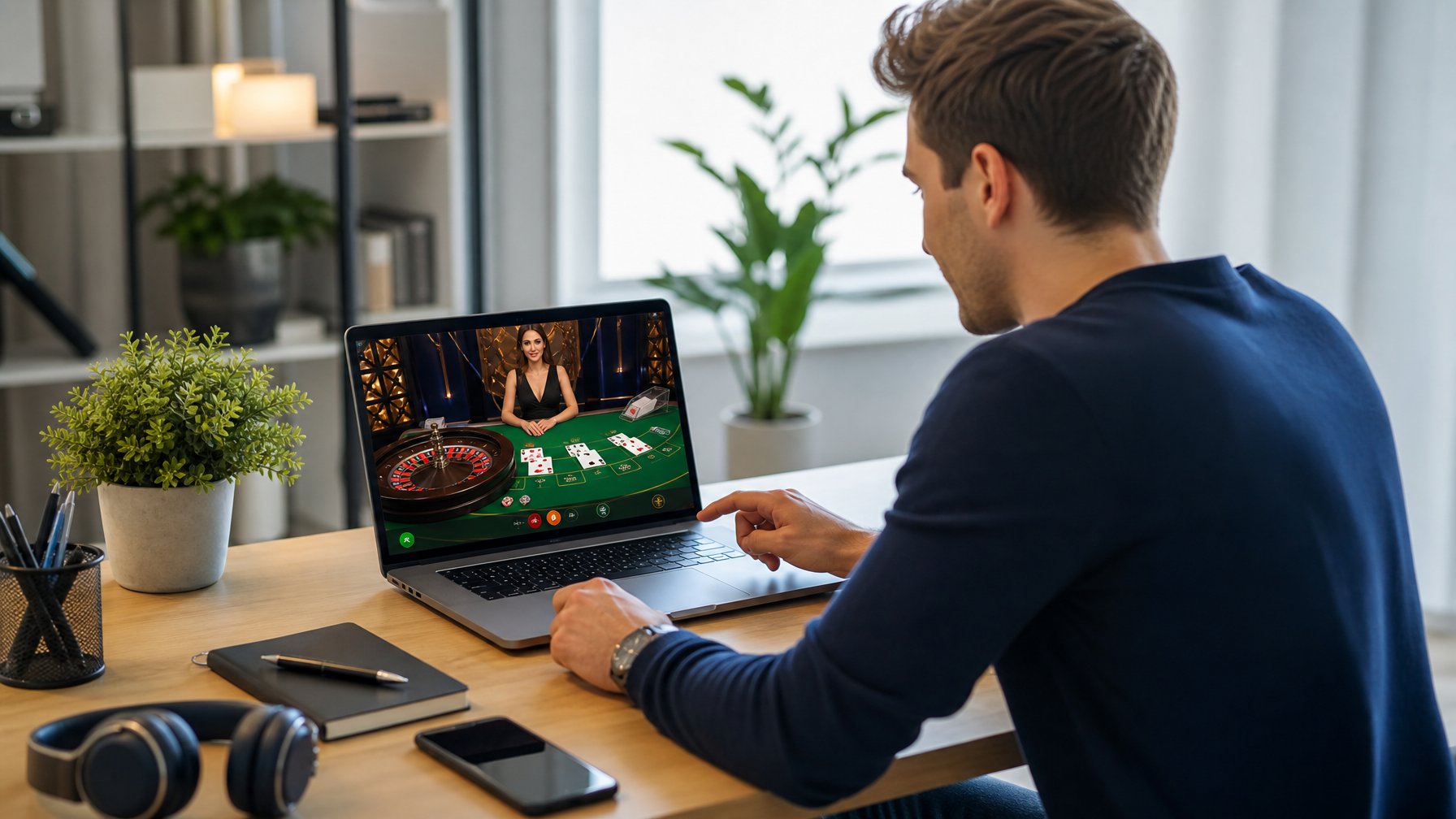 Seorang dewasa muda sedang bermain live casino online di laptop di ruang kerja rumah yang rapi dan terang.