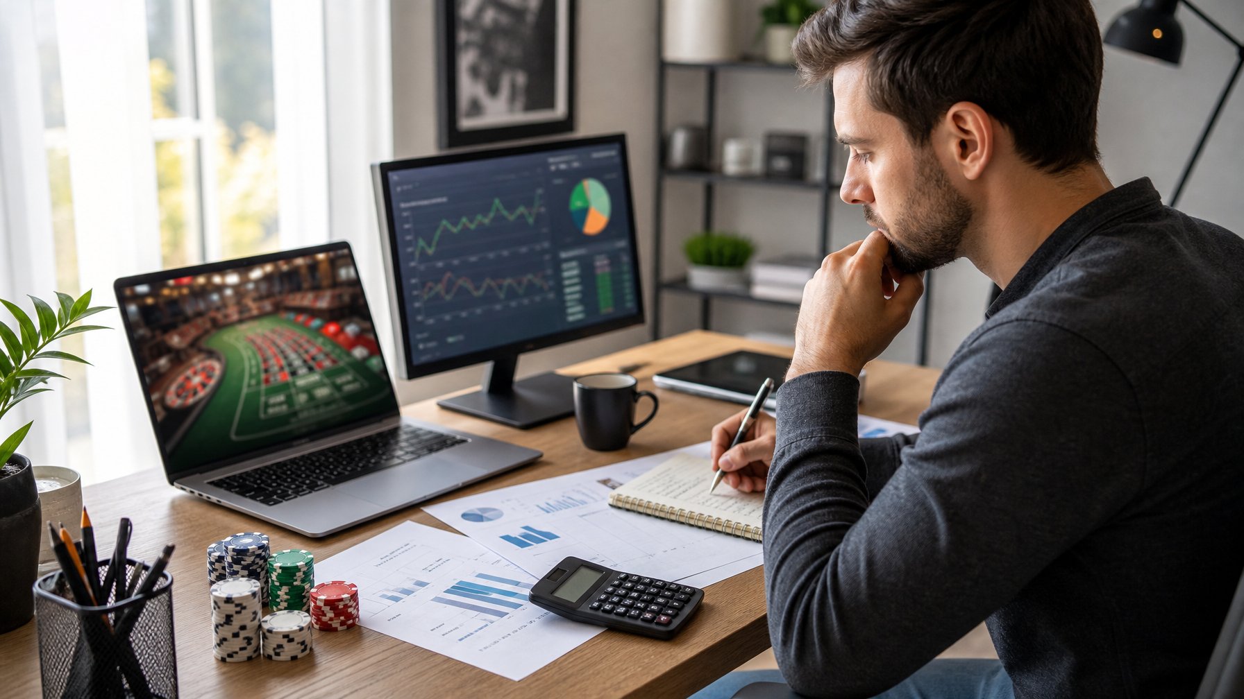 Seseorang duduk di meja kerja dengan laptop dan alat keuangan, sedang menganalisis data keuangan dengan serius.