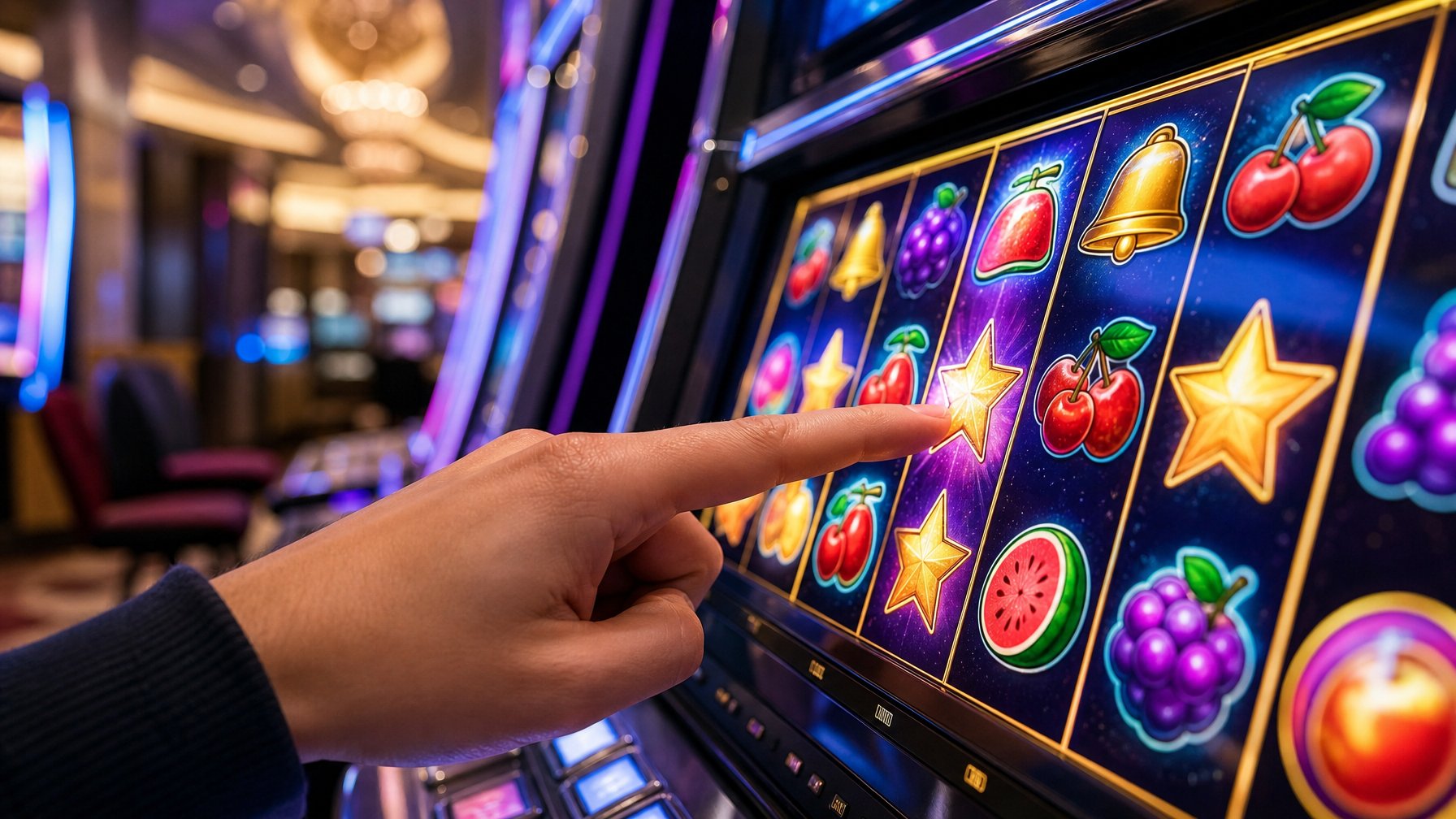 Seorang tangan sedang menggunakan mesin slot digital di dalam kasino yang modern dan terang.