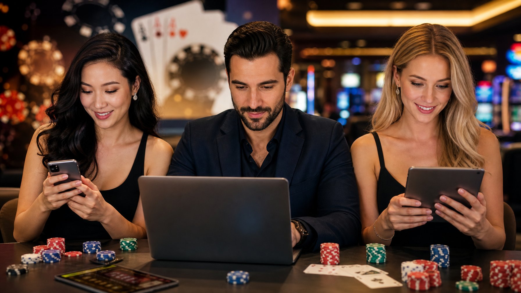 Orang-orang menggunakan perangkat digital untuk bermain kasino online dengan latar belakang elemen kasino seperti kartu dan chip.