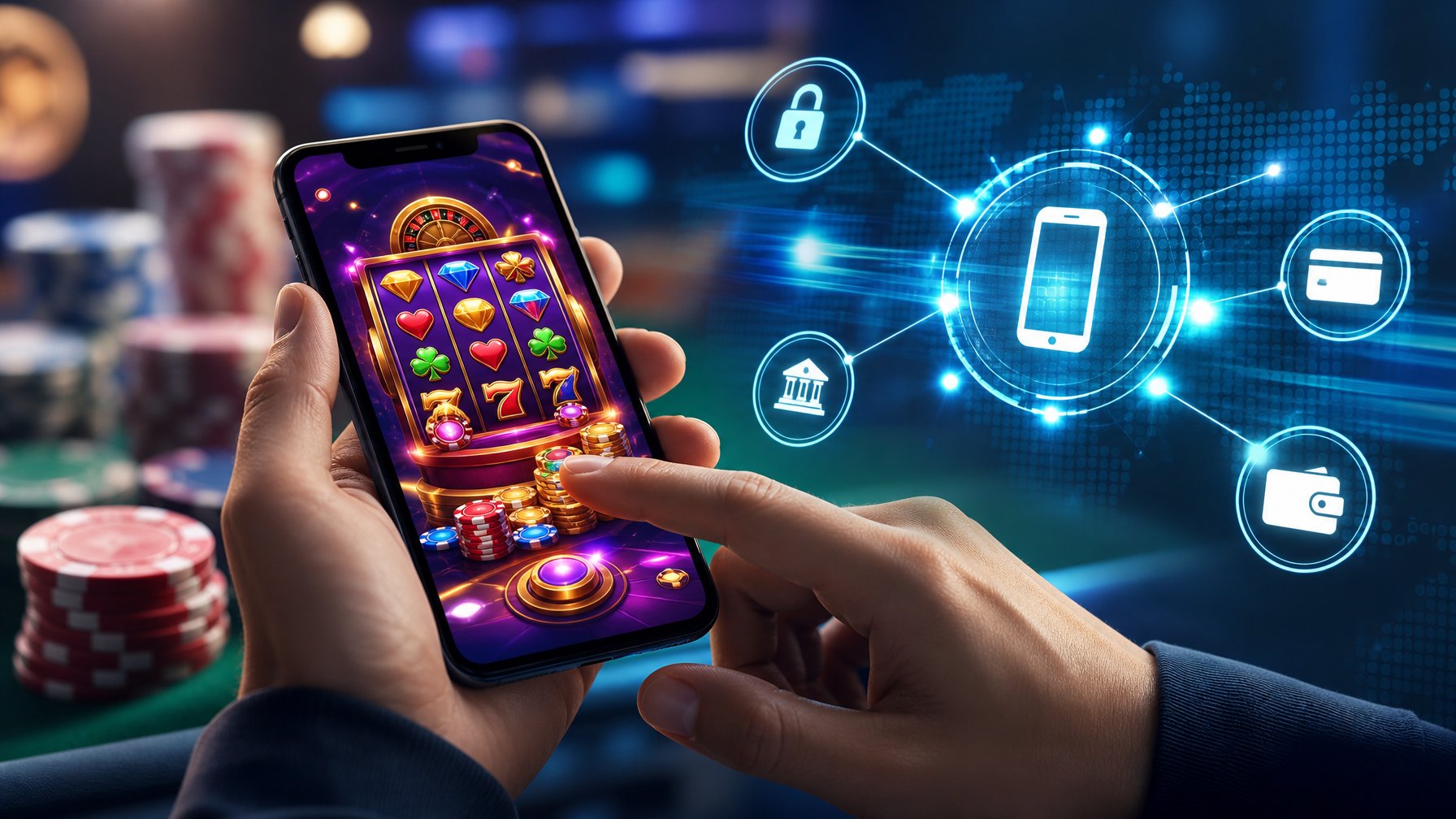 Tangan seseorang menggunakan ponsel dengan tampilan aplikasi kasino online yang berwarna-warni, di latar belakang terdapat grafik digital yang menunjukkan transaksi cepat dan aman.