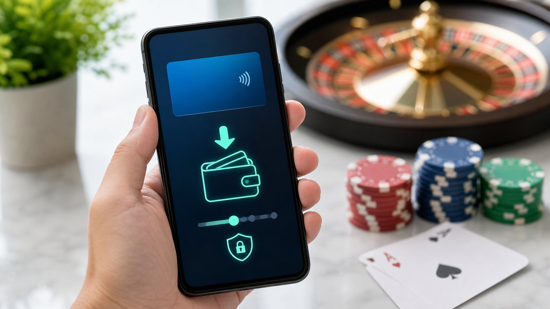 Sebuah ponsel modern menampilkan proses deposit pulsa dengan latar belakang elemen kasino seperti chip poker dan kartu remi.