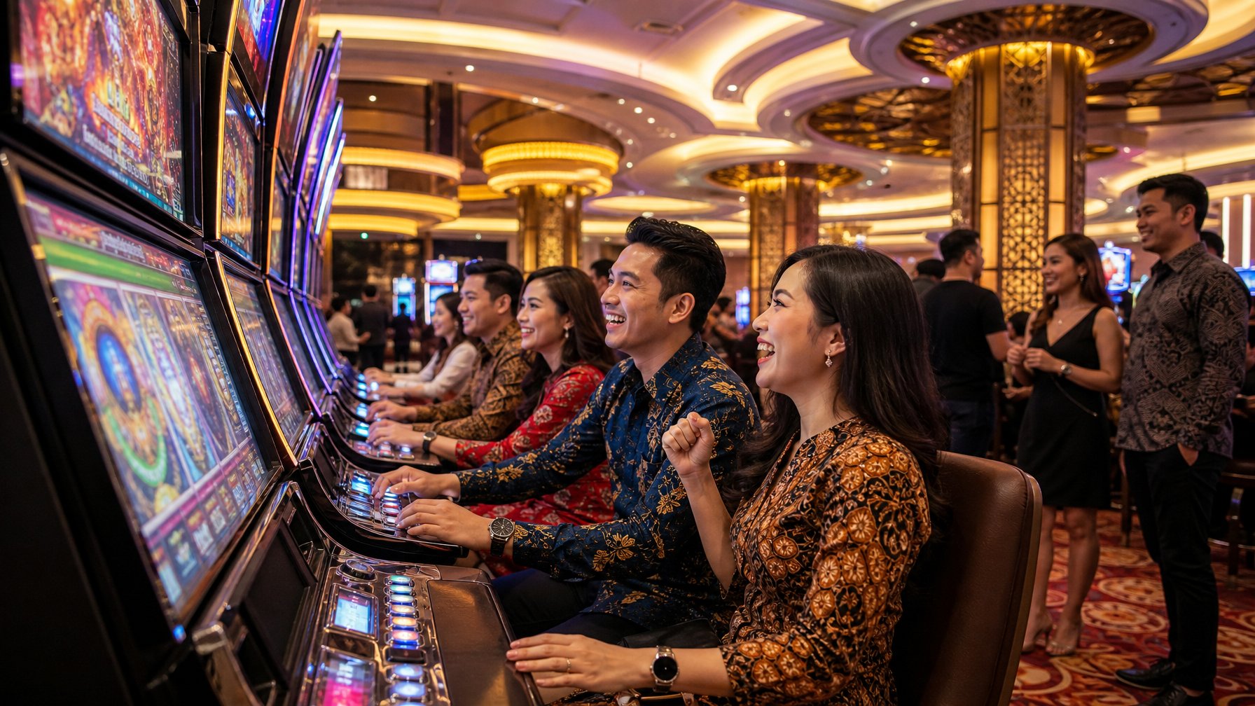 Orang-orang bermain mesin slot di dalam kasino modern yang terang dan ramai di Indonesia.