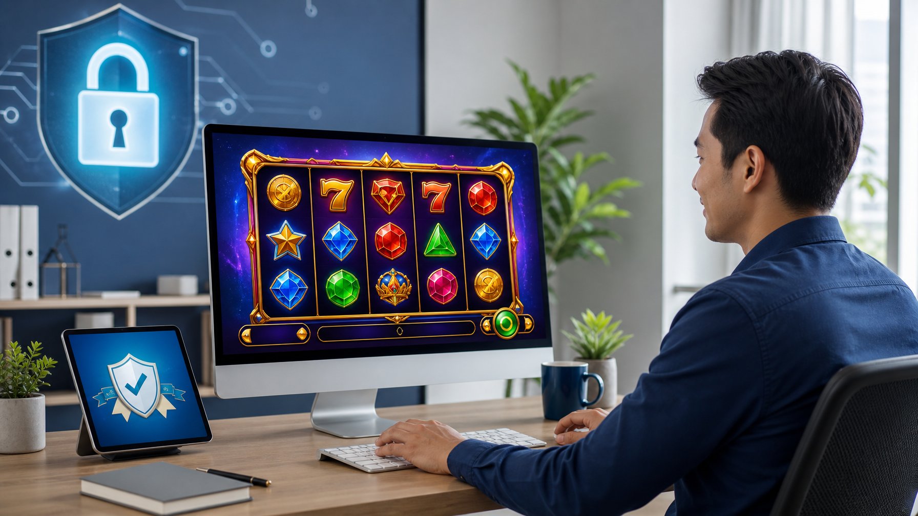 Seorang pria duduk di depan komputer dengan tampilan permainan slot online yang berwarna-warni di layar, di ruang kerja yang rapi dan terang.