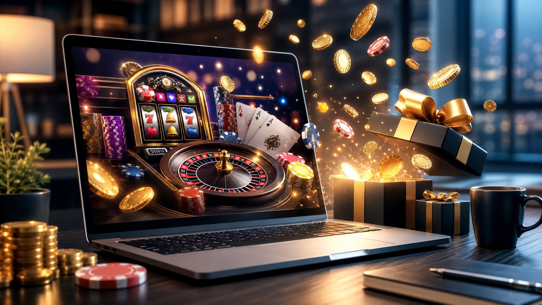 Sebuah laptop menampilkan antarmuka kasino online dengan mesin slot, kartu poker, dan roda roulette di layar, dikelilingi oleh koin bersinar dan kotak hadiah di meja kerja yang rapi.