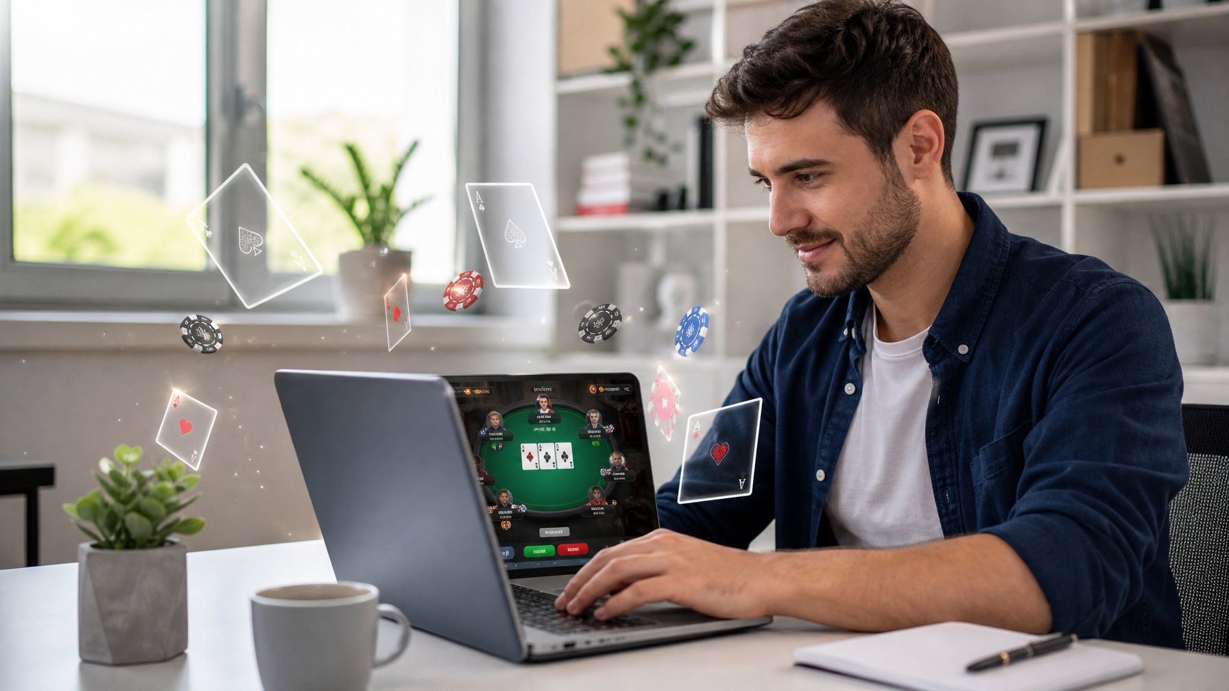 Seorang pria muda duduk di meja kerja modern sambil bermain permainan kartu online menggunakan laptop di ruangan yang terang dan rapi.