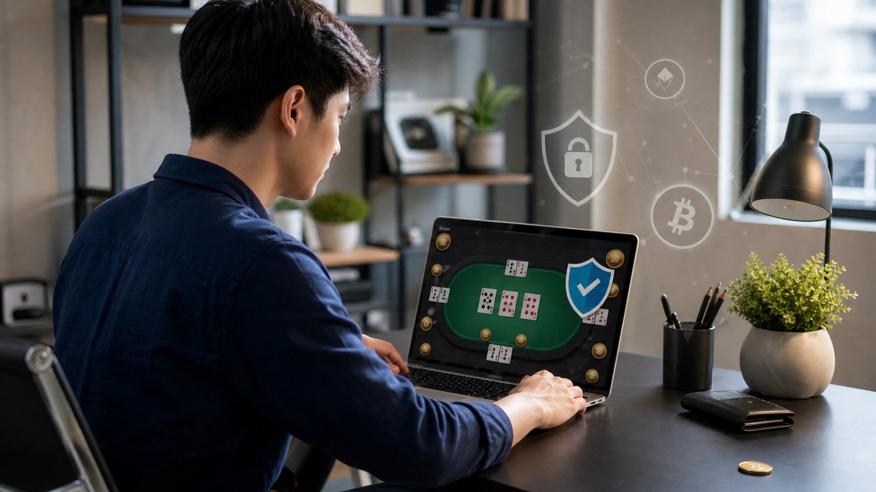 Seseorang muda duduk di meja dengan laptop yang menampilkan permainan kartu online, terlihat fokus dan percaya diri dalam suasana kerja yang rapi dan terang.