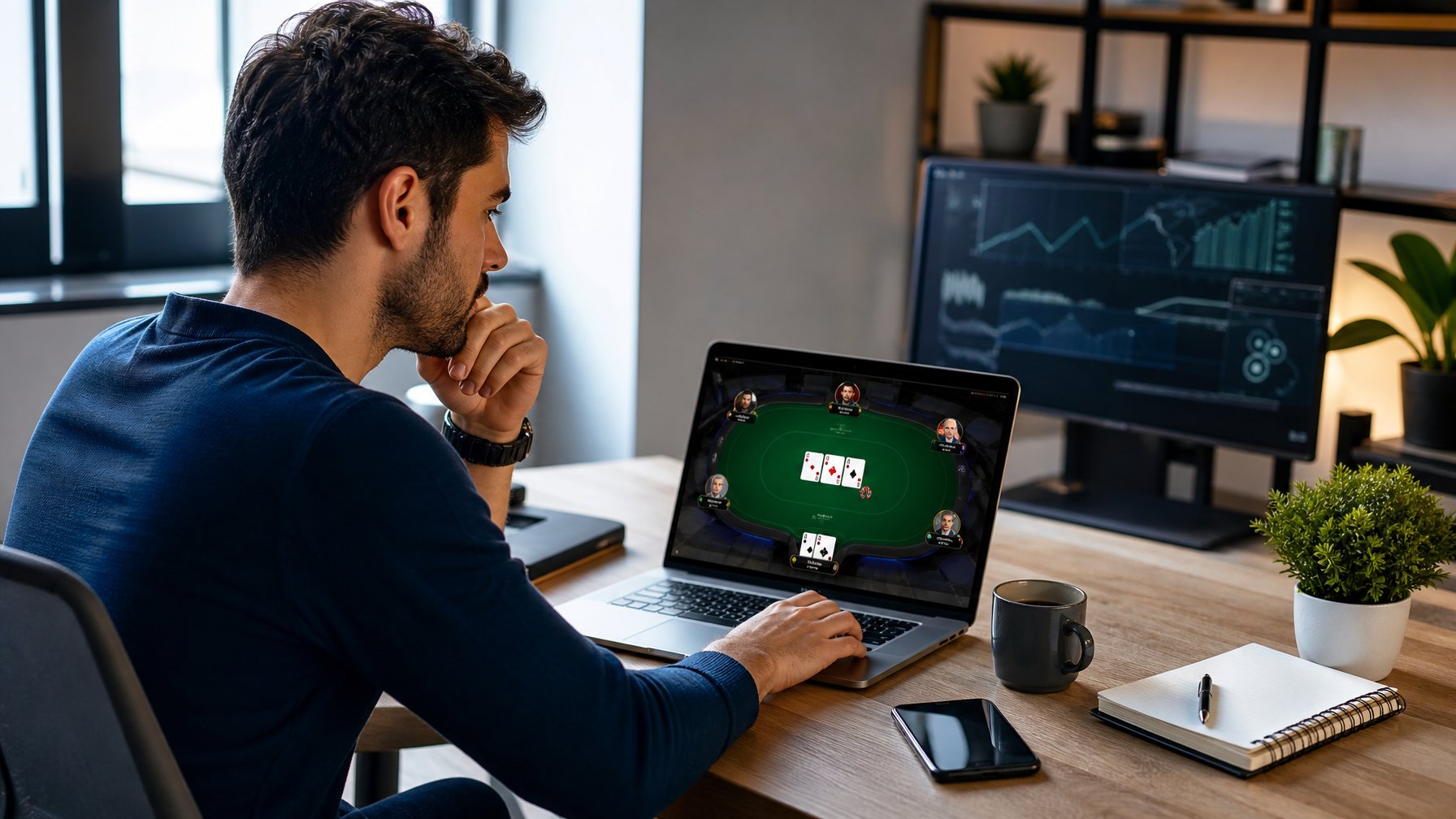 Seorang pria muda duduk di meja dengan laptop, fokus bermain permainan kartu online di ruang kerja modern.