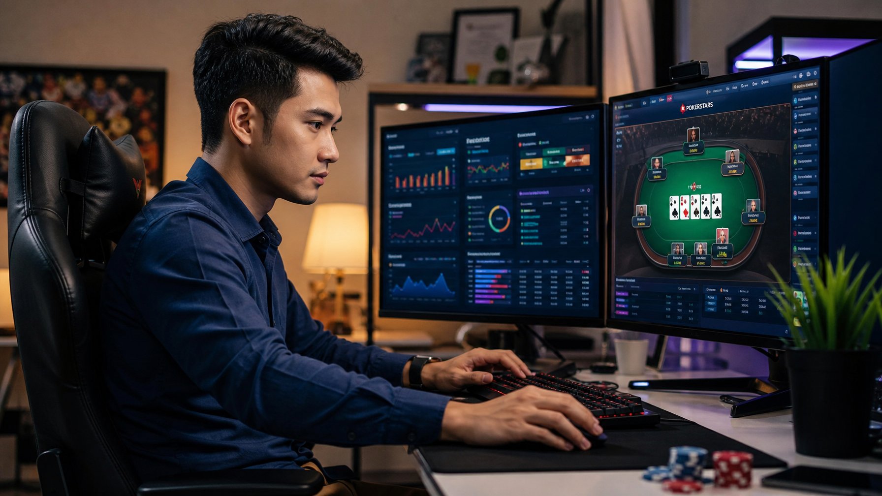 Seorang pria muda sedang duduk di depan komputer dengan beberapa layar menampilkan kartu dan grafik strategi permainan online.