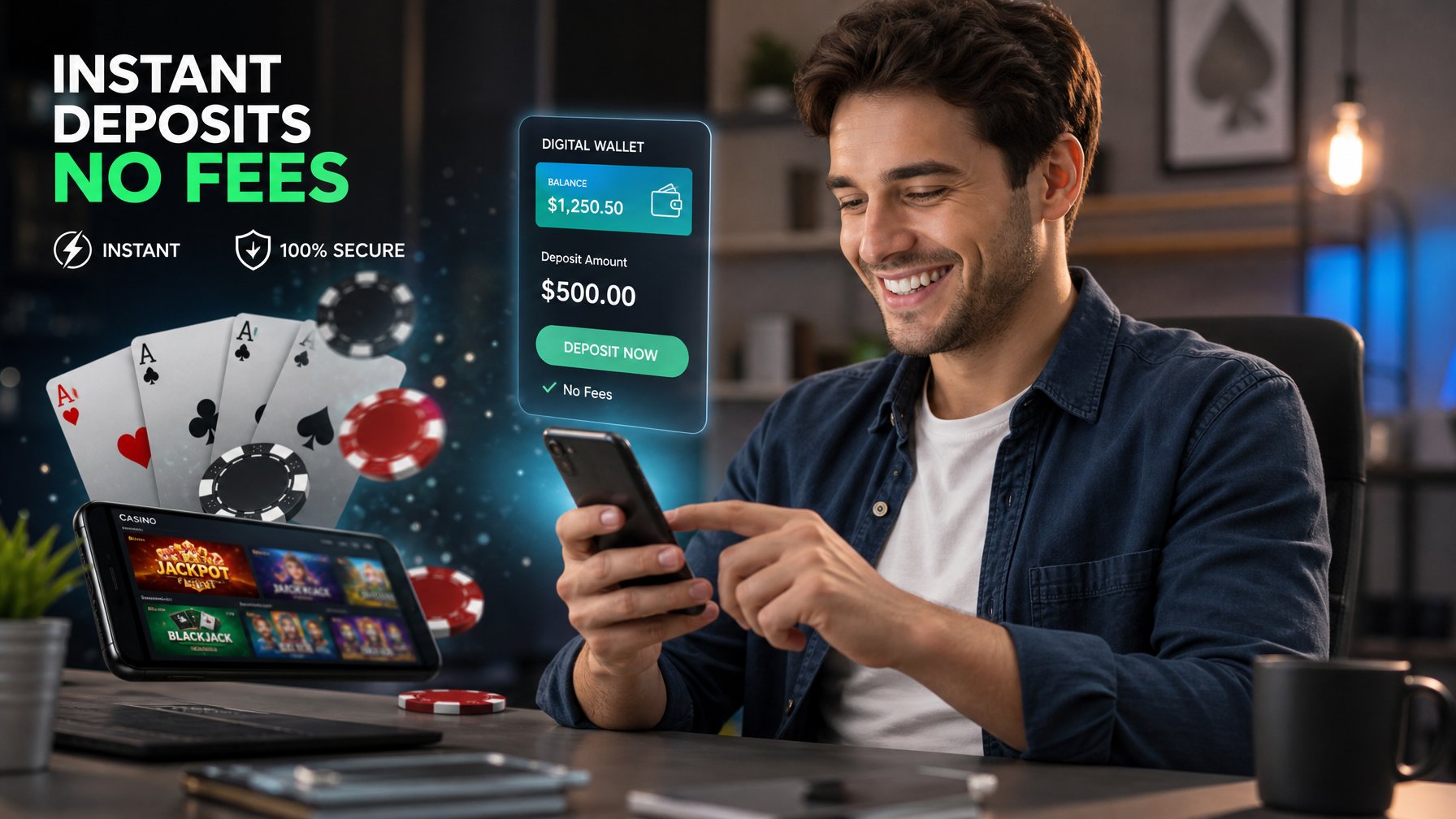 Seorang pria muda menggunakan ponsel di meja kerja modern dengan latar belakang elemen permainan kartu dan chip poker digital.