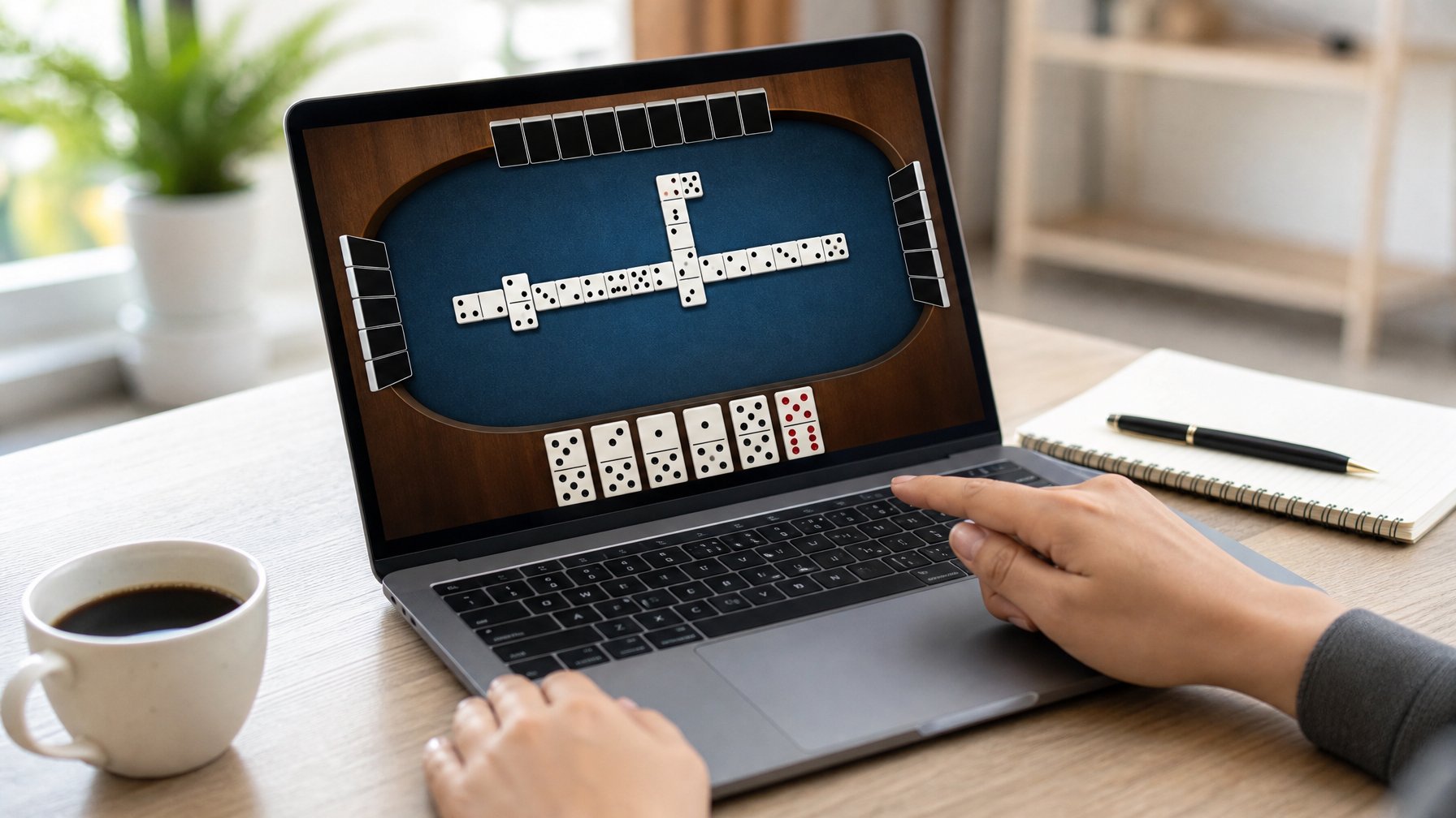 Seseorang menggunakan laptop untuk bermain kartu domino Ceme secara online di meja kerja dengan suasana yang nyaman.