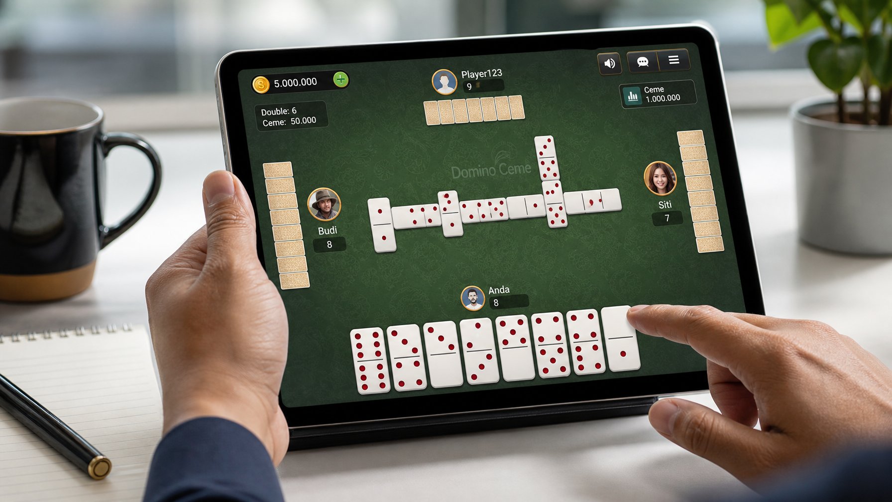 Tangan seseorang sedang bermain permainan domino online di tablet dengan latar meja kerja yang rapi.