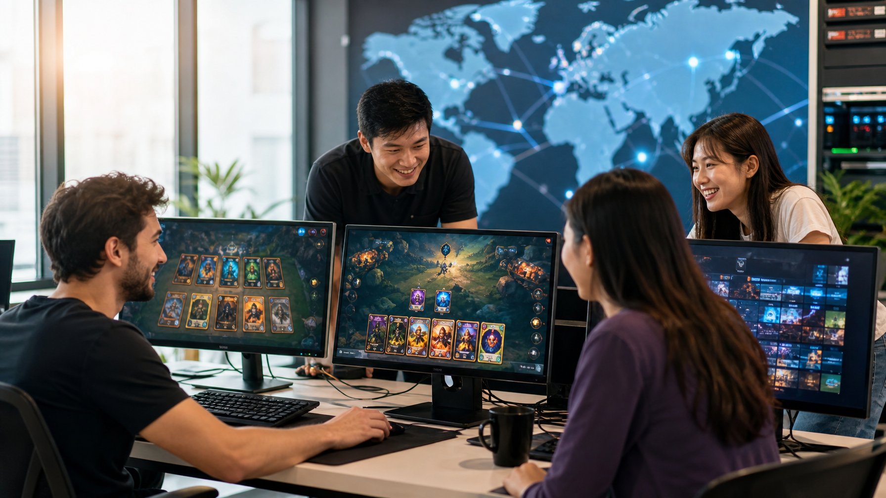 Sekelompok orang muda sedang bermain game kartu online di sebuah kantor modern dengan beberapa monitor komputer.