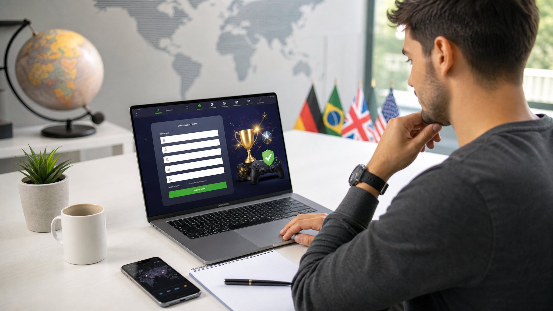 Seseorang duduk di meja kerja menggunakan laptop untuk mendaftar akun di platform permainan online internasional.