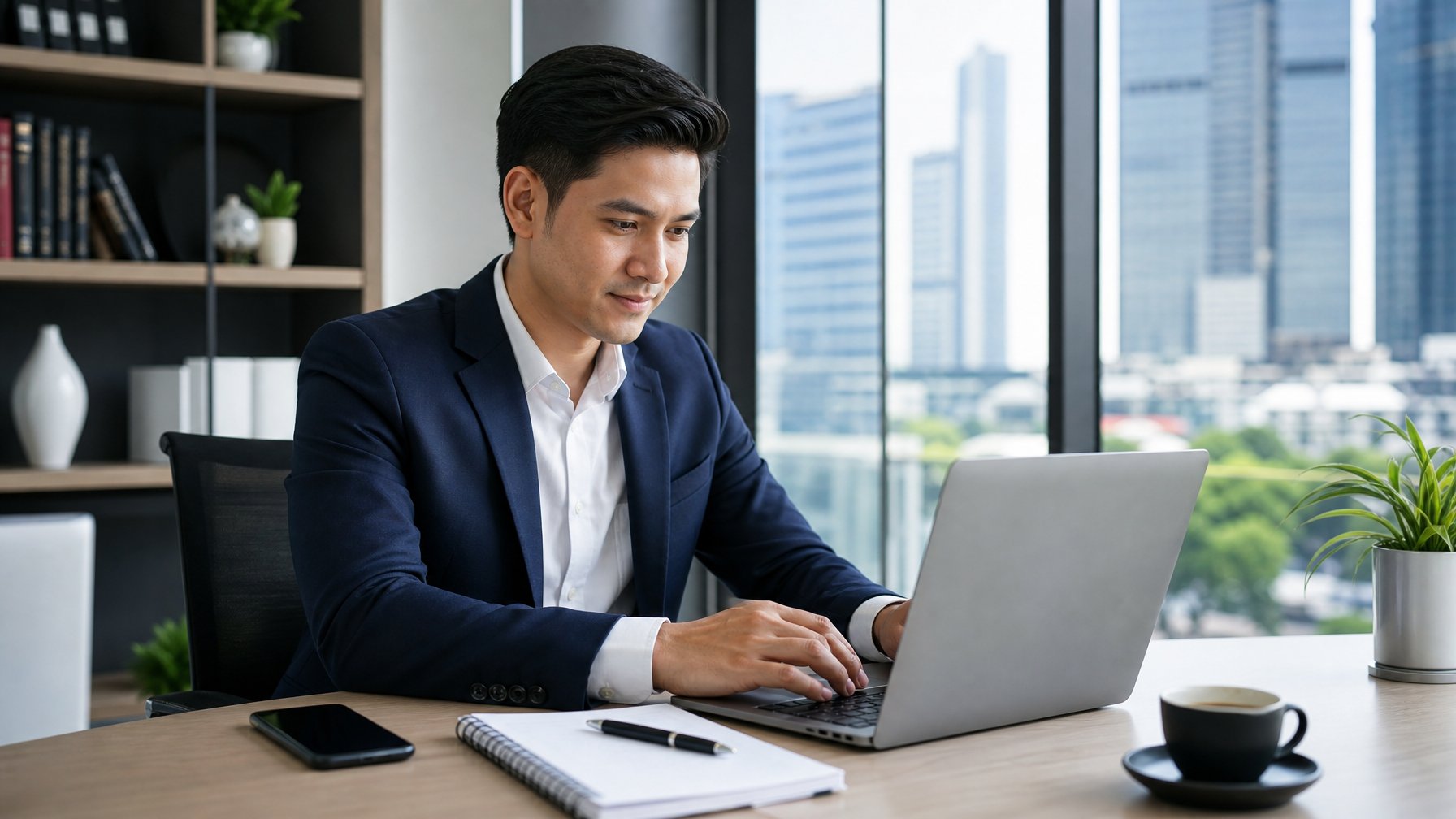 Seorang pria Asia Tenggara yang percaya diri duduk di meja kantor modern sambil menggunakan laptop, dengan latar belakang jendela besar yang menampilkan pemandangan kota.