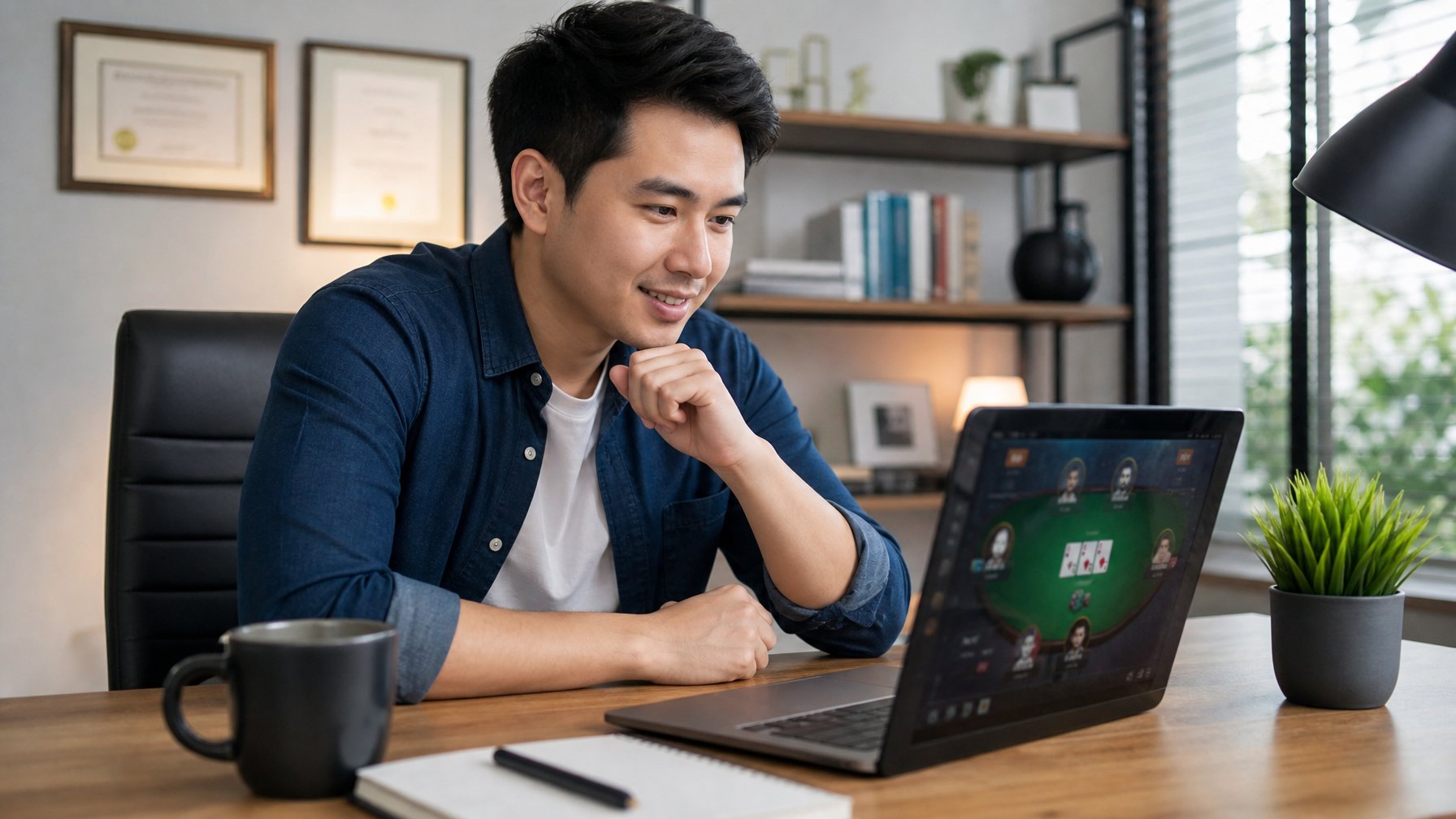 Seorang pria muda duduk di meja kerja dengan laptop, terlihat fokus dan puas dalam ruangan kantor rumah yang rapi.