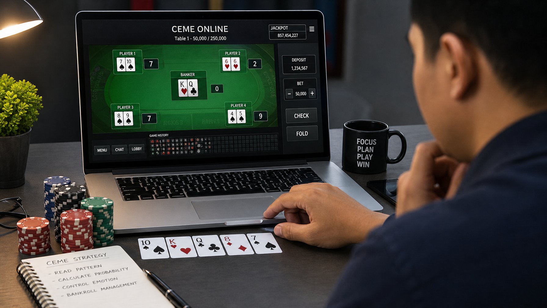 Seorang pemain sedang menganalisis kartu Ceme online di depan layar komputer dengan chip poker dan kartu di atas meja.