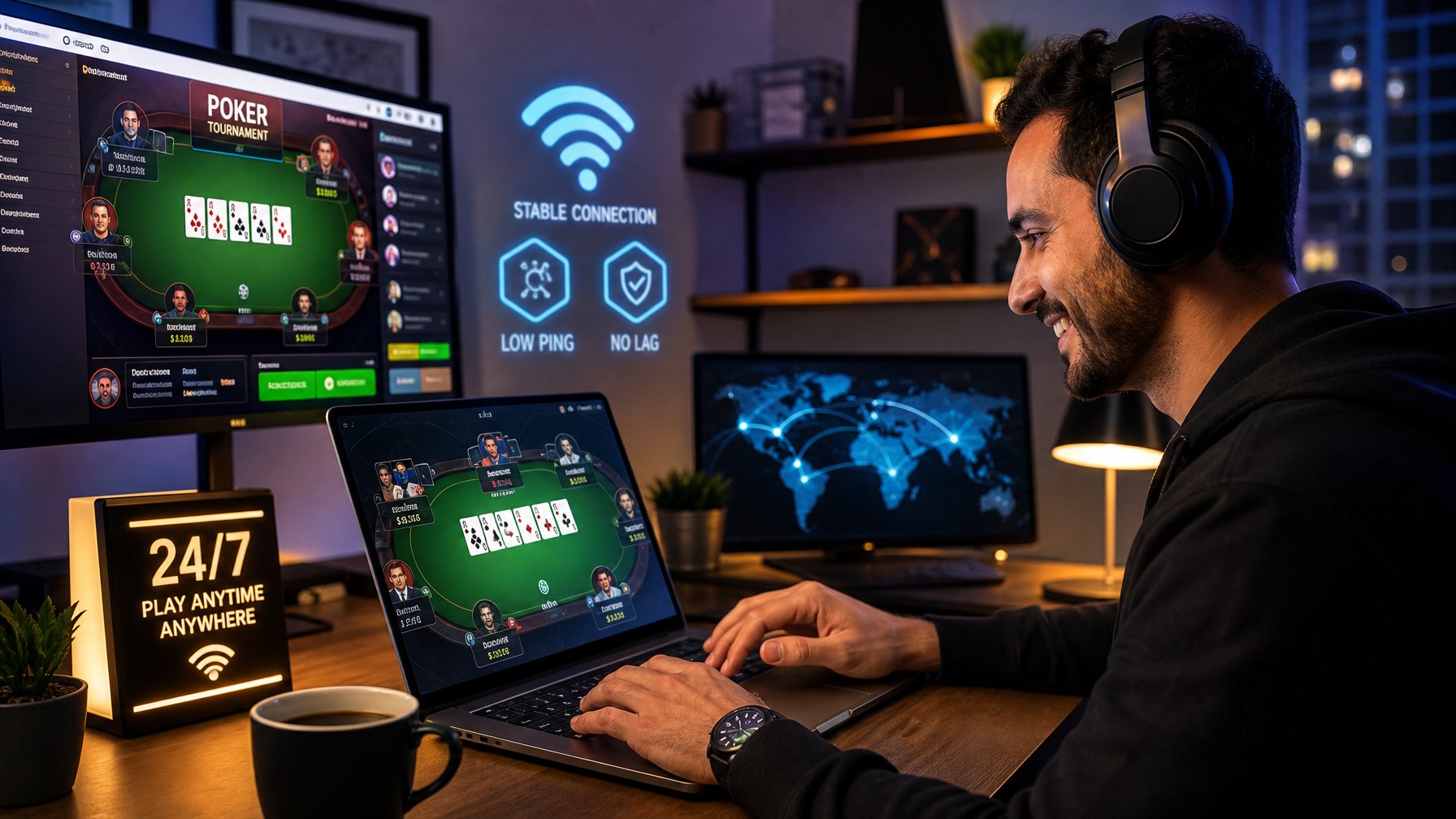 Seseorang bermain permainan kartu online di laptop di ruang kerja rumah dengan pencahayaan malam hari.