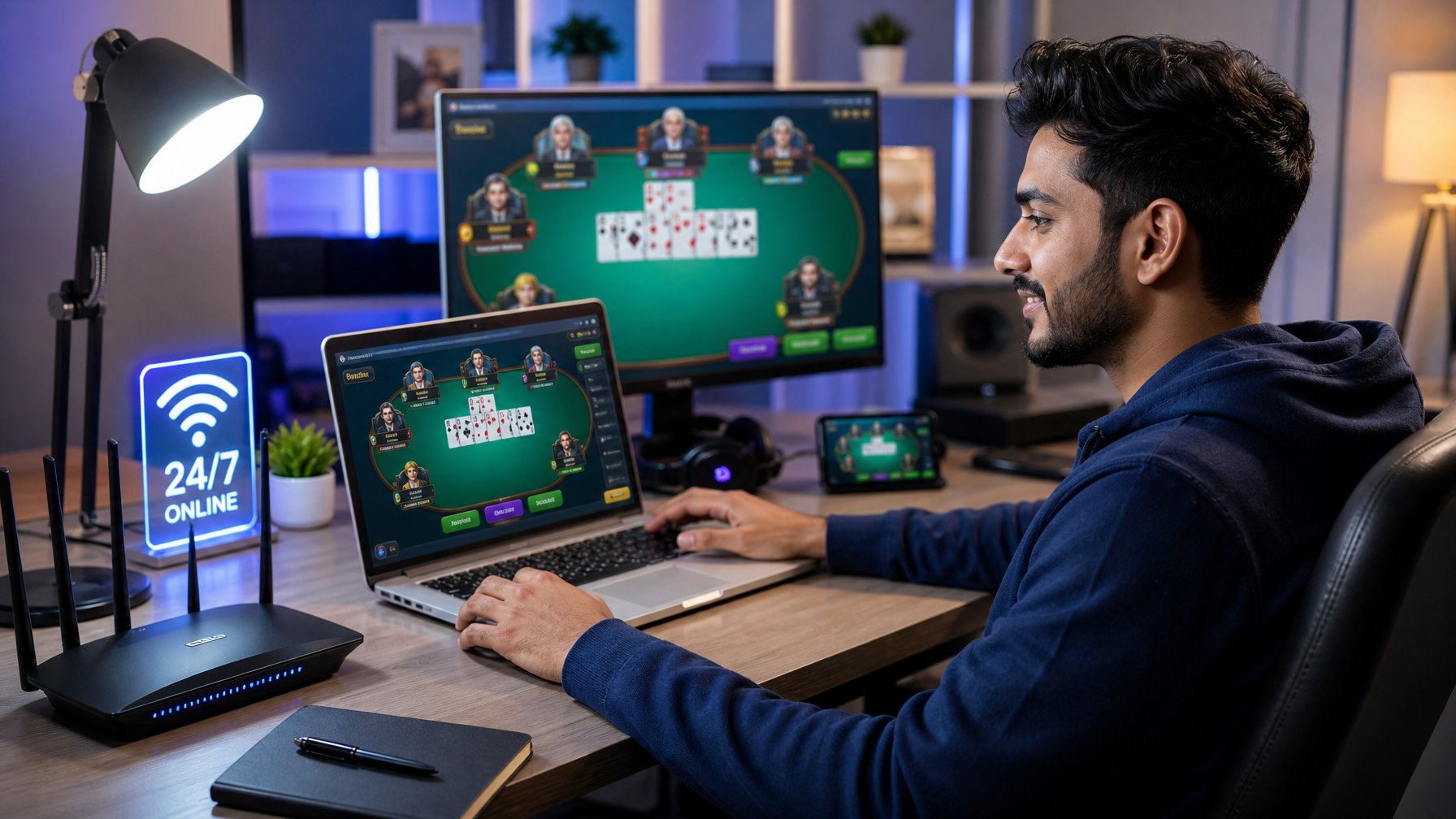 Seorang pria muda duduk di depan laptop di ruang kerja modern, fokus bermain permainan kartu online tanpa gangguan.