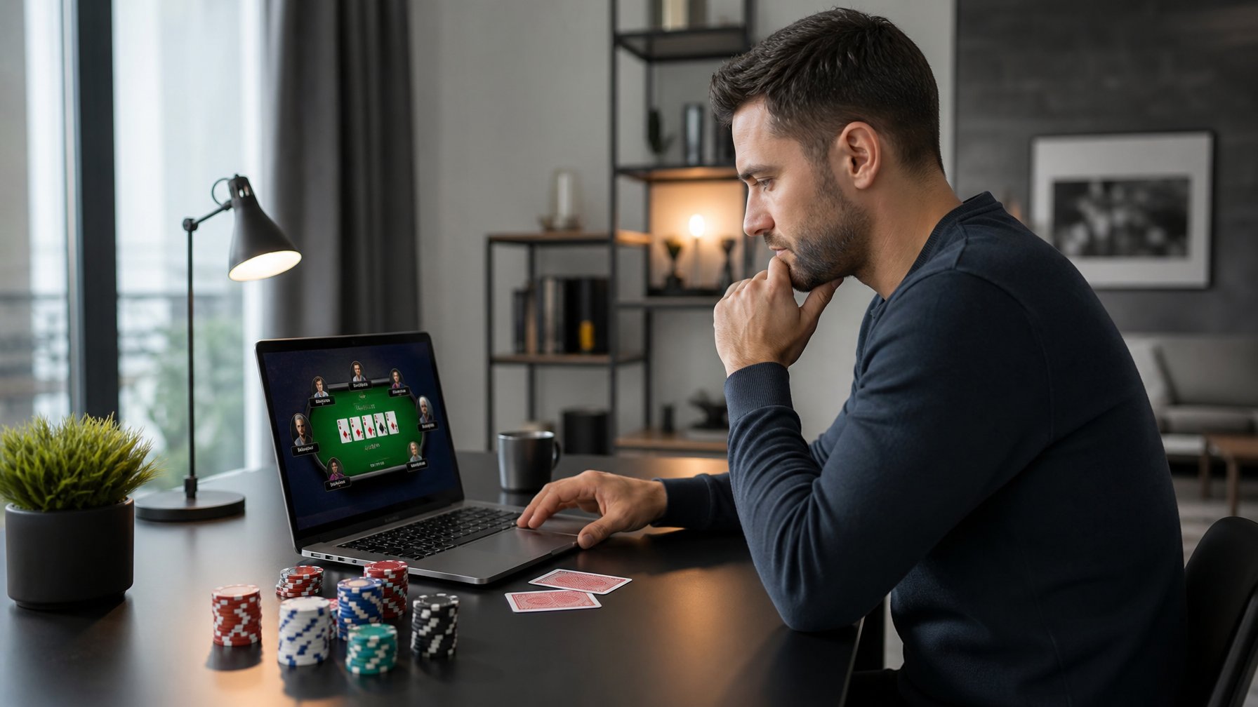 Seorang pria duduk di meja dengan laptop dan kartu remi, fokus bermain permainan kartu online.