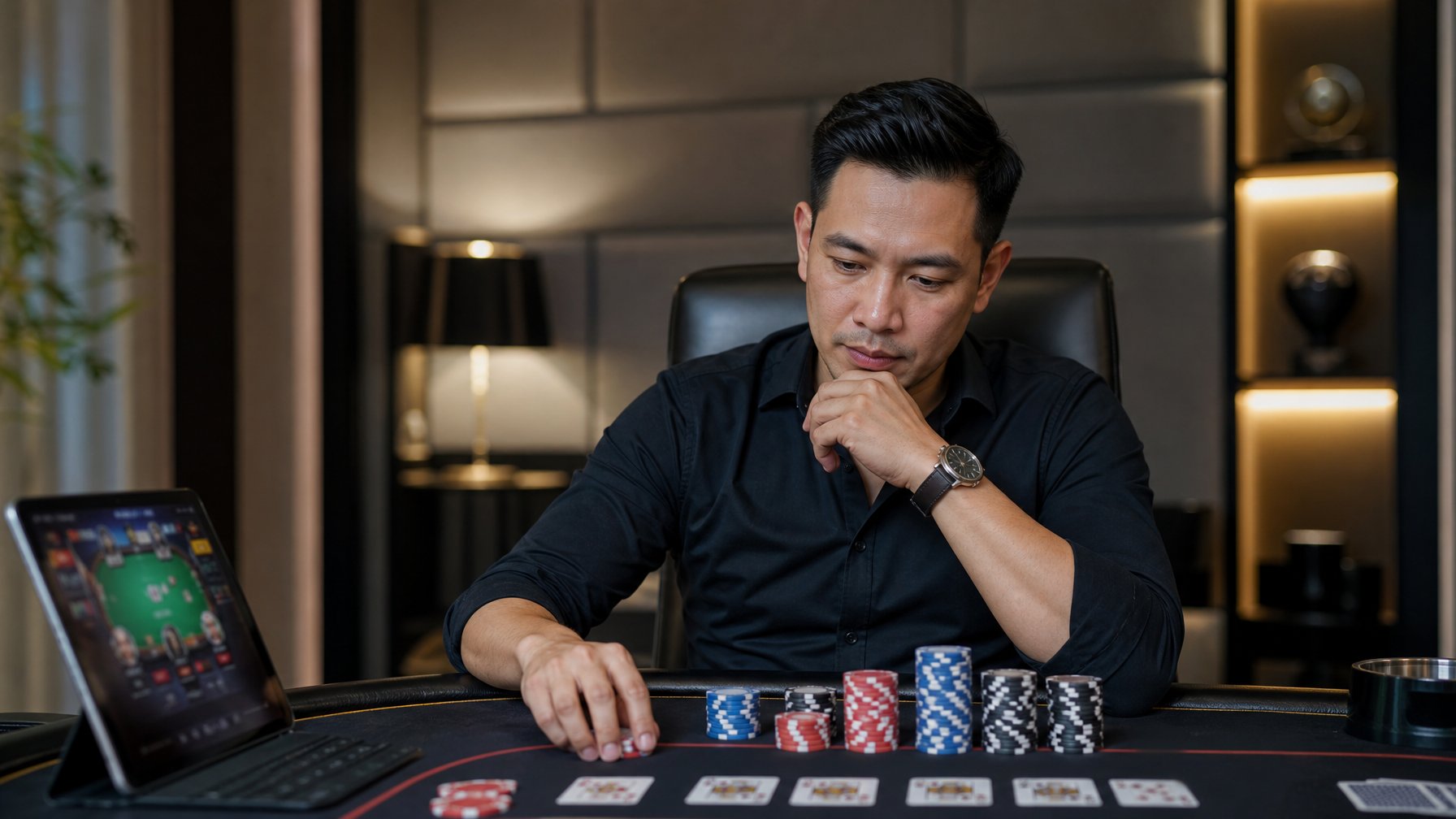Seorang pria Asia Tenggara duduk di meja permainan dengan chip dan kartu, tampak fokus dan berpikir strategis.