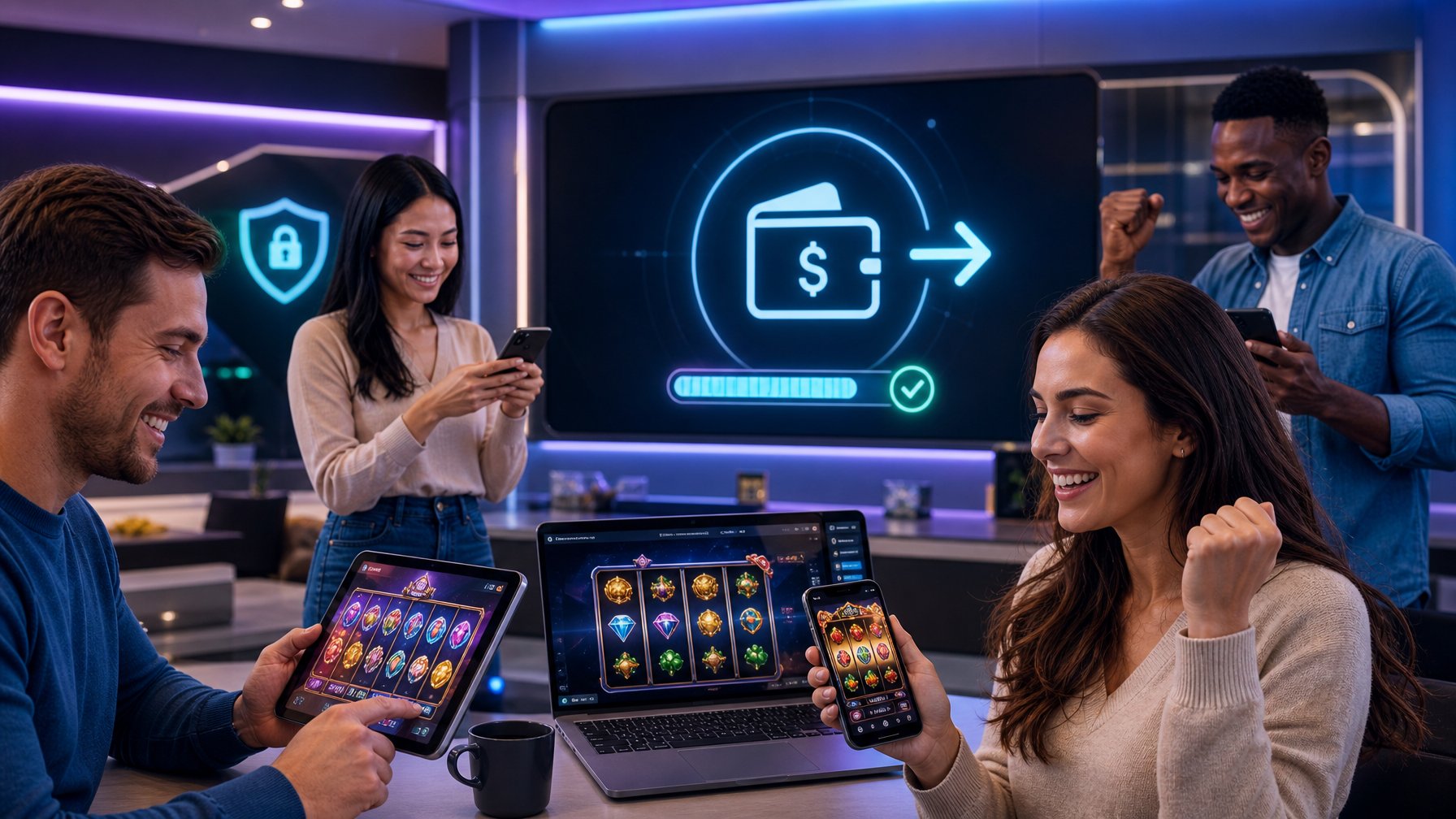 Beberapa orang menggunakan perangkat digital untuk bermain slot online dengan ekspresi senang dan percaya diri di ruangan modern yang terang.