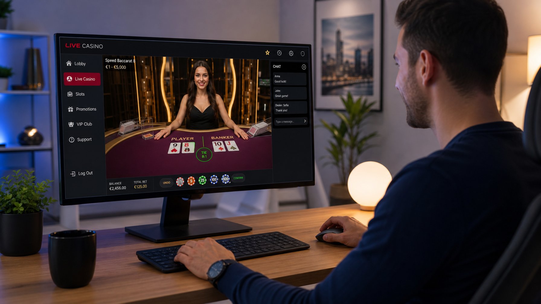 Seseorang sedang bermain permainan live casino online di depan komputer dengan dealer langsung di layar, di ruang yang nyaman dan modern.