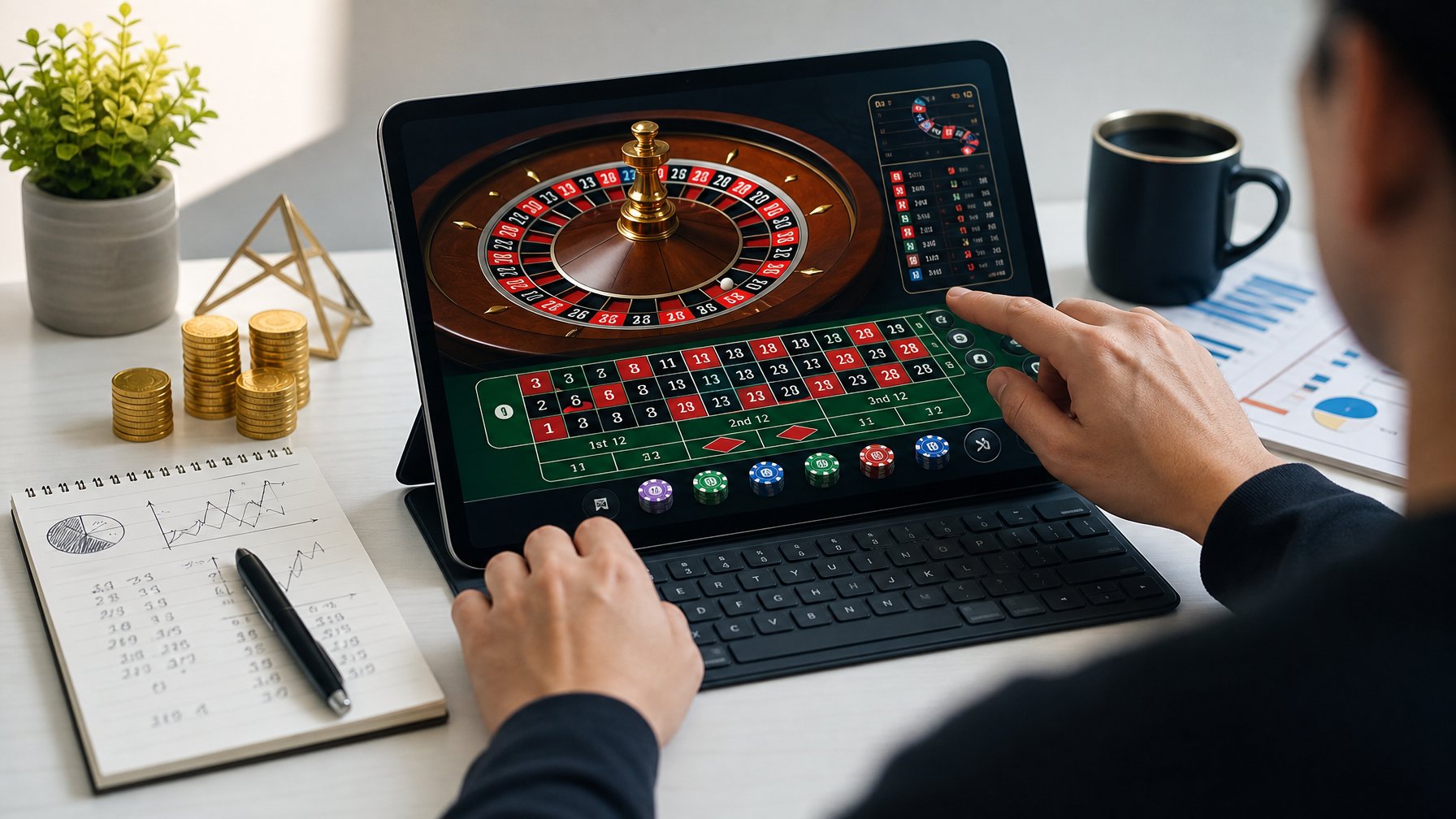 Seorang pemain sedang menggunakan laptop untuk bermain roulette online dengan tampilan roda roulette di layar, di atas meja terdapat tumpukan koin kecil dan catatan strategi.