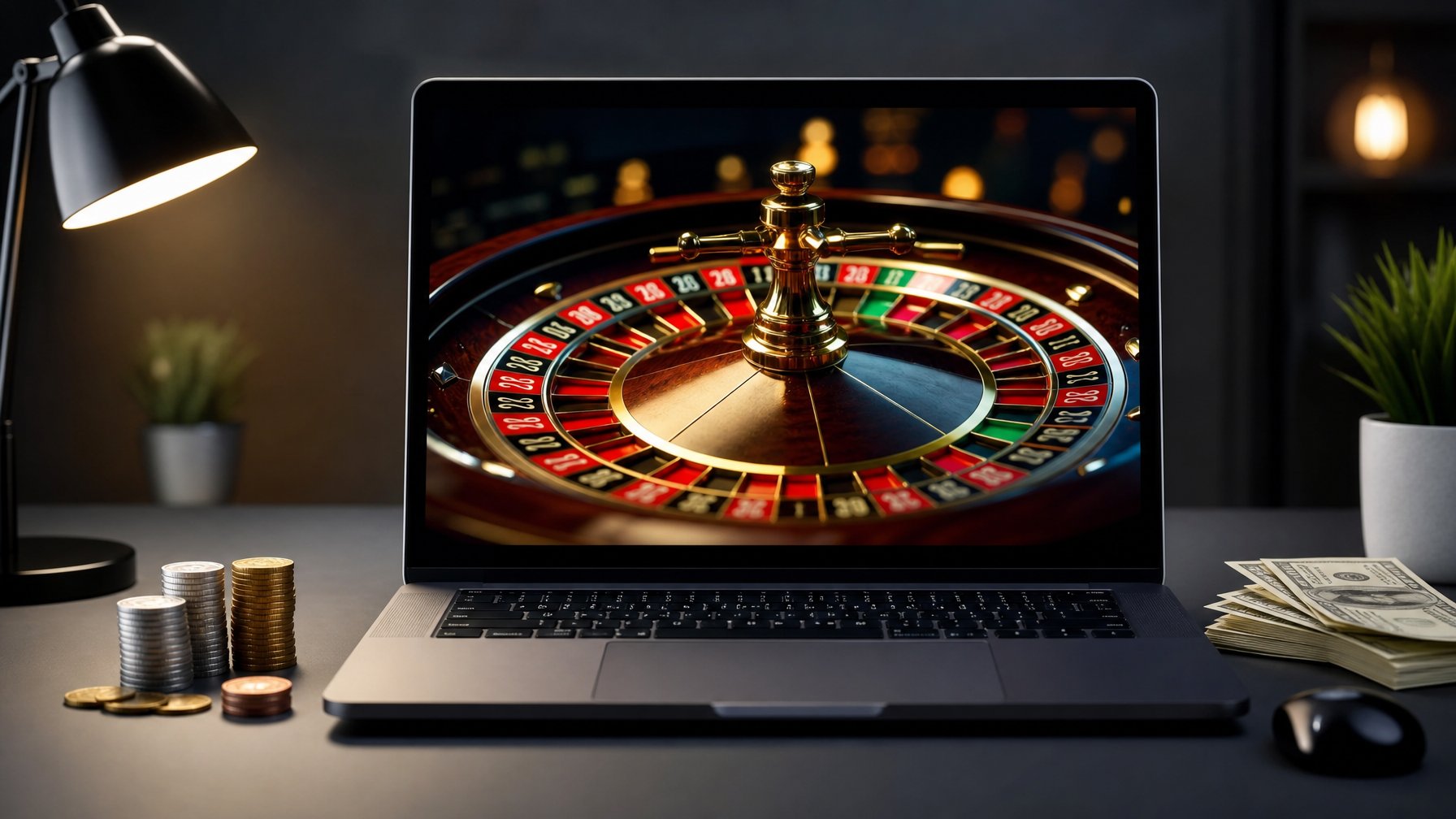 Seorang pemain menggunakan laptop untuk bermain roulette online dengan beberapa koin dan uang di meja.