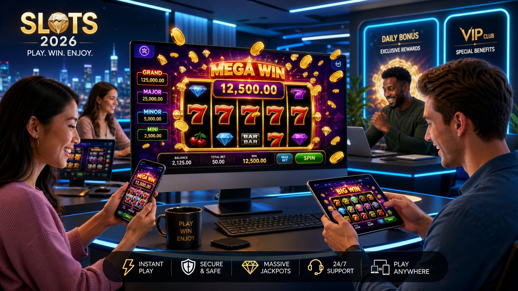 Orang-orang sedang bermain mesin slot online di lingkungan gaming modern dengan suasana cerah dan menyenangkan.