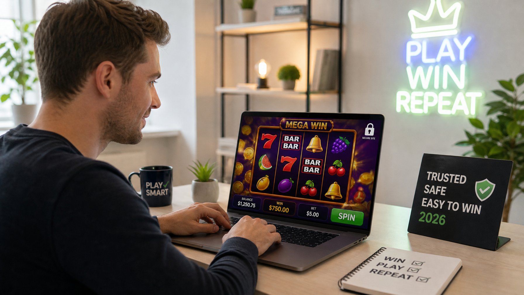 Seorang dewasa muda duduk di depan laptop yang menampilkan permainan slot online di sebuah meja kerja yang rapi dan terang.