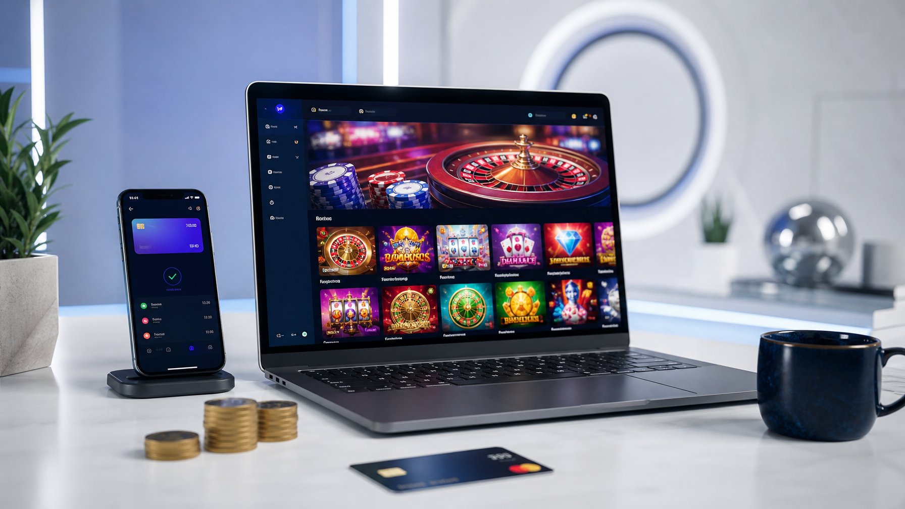 Seorang pria duduk di depan laptop dengan tampilan situs kasino online, dikelilingi oleh koin dan kartu kredit di meja kerja.