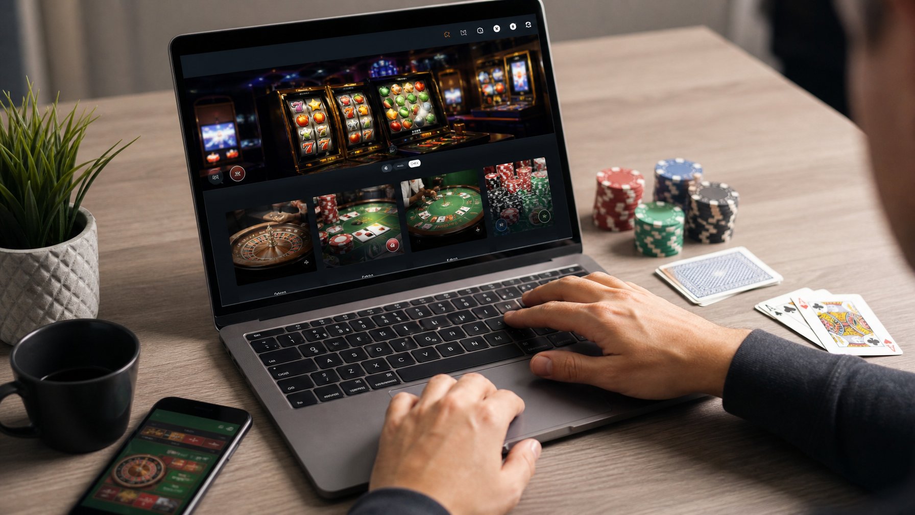 Seorang pengguna sedang menggunakan laptop dengan tampilan situs casino online, dikelilingi oleh chip poker dan kartu remi di meja.