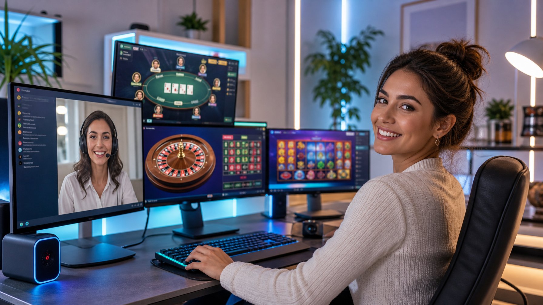 Seorang wanita muda duduk di depan beberapa layar komputer yang menampilkan permainan judi online dengan layanan live chat aktif di latar belakang ruangan kantor modern.