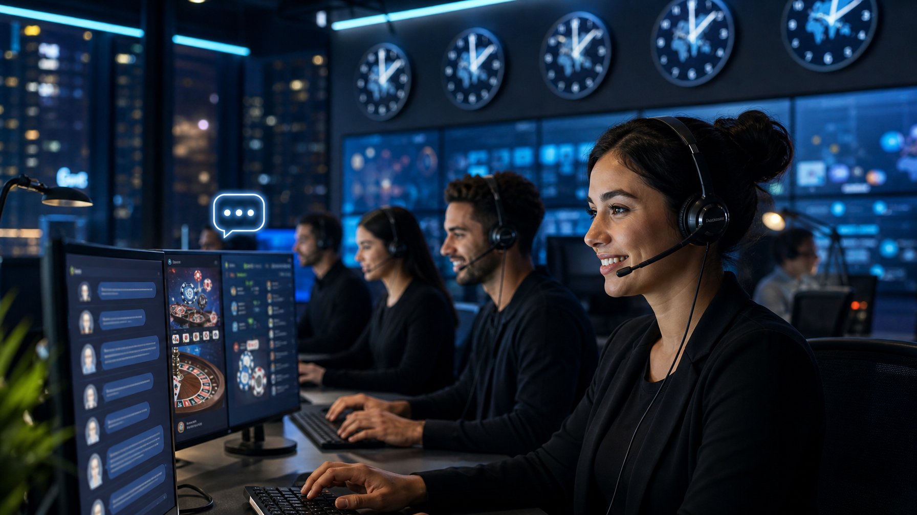 Tim layanan pelanggan yang ramah sedang bekerja dengan headset di kantor modern untuk memberikan layanan live chat nonstop pada situs judi online.