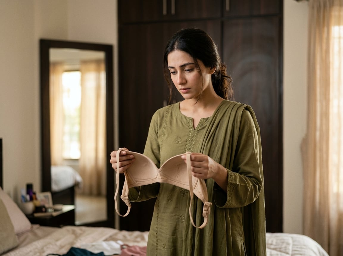 A Pakistani woman holding a bra and looking thoughtful in a bedroom.