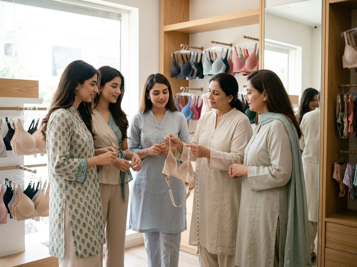 A group of Pakistani women discussing bra sizing in a fitting room surrounded by lingerie displays.